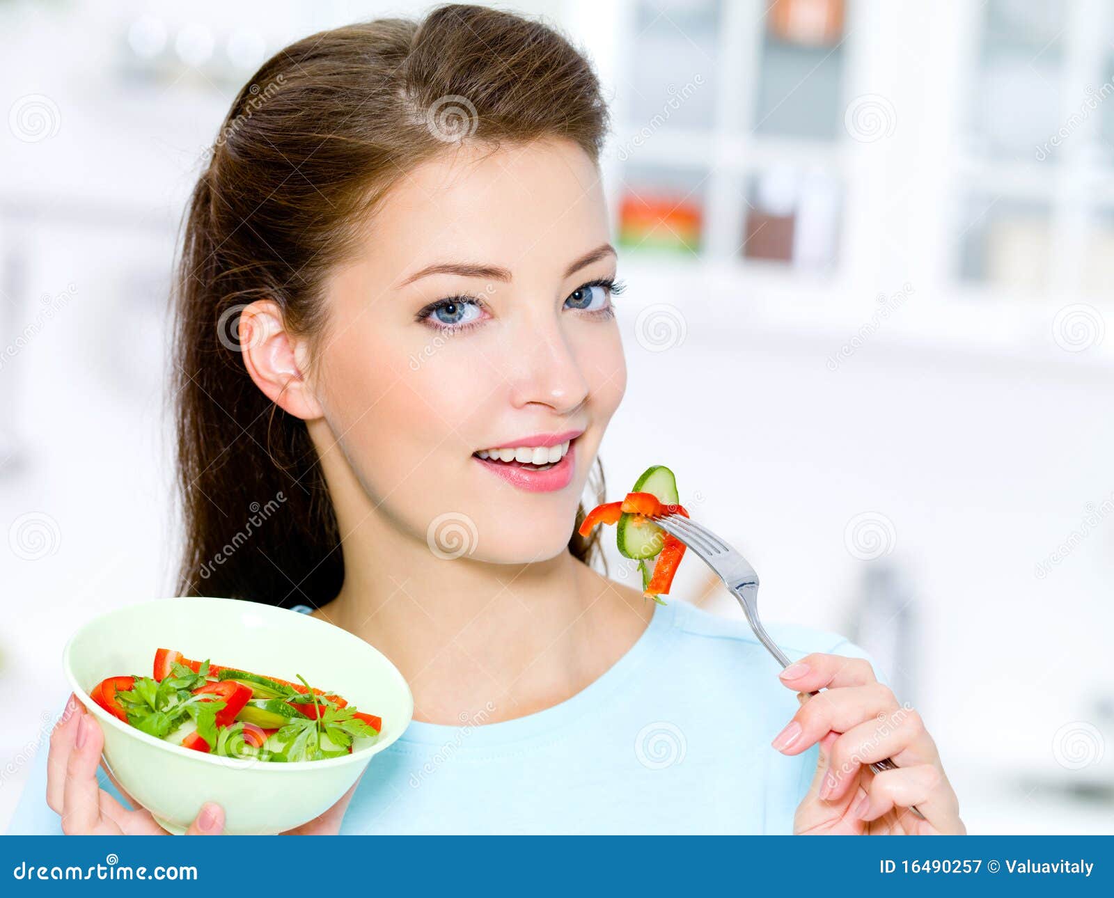Happy Woman Eat Vegetable Salad Stock Image Image of healthy, happy
