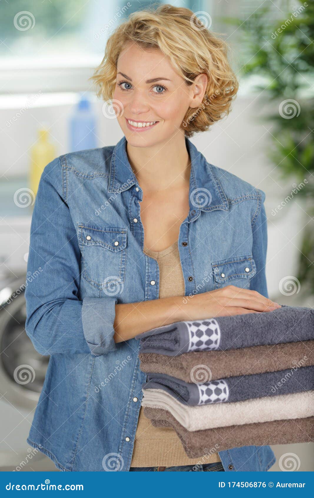 Happy Woman with Fresh Laundry Stock Photo - Image of dress, freshness ...