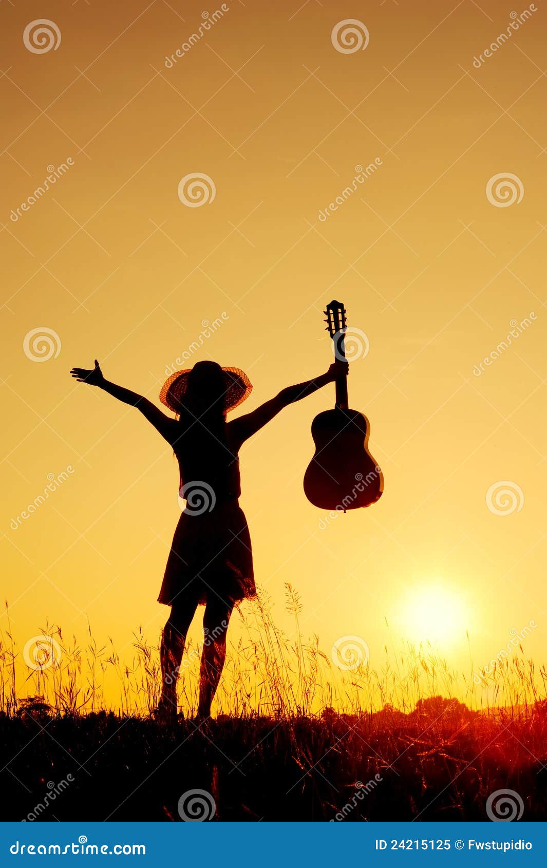 Download Happy Woman And Guitar With Sunset Silhouette Royalty Free ...