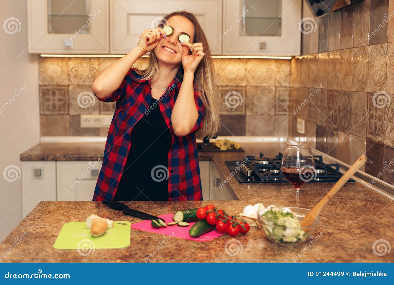 Happy Woman Having Fun With Cucumber At Kitchen Stock Image Image Of Meal Apron 91244499