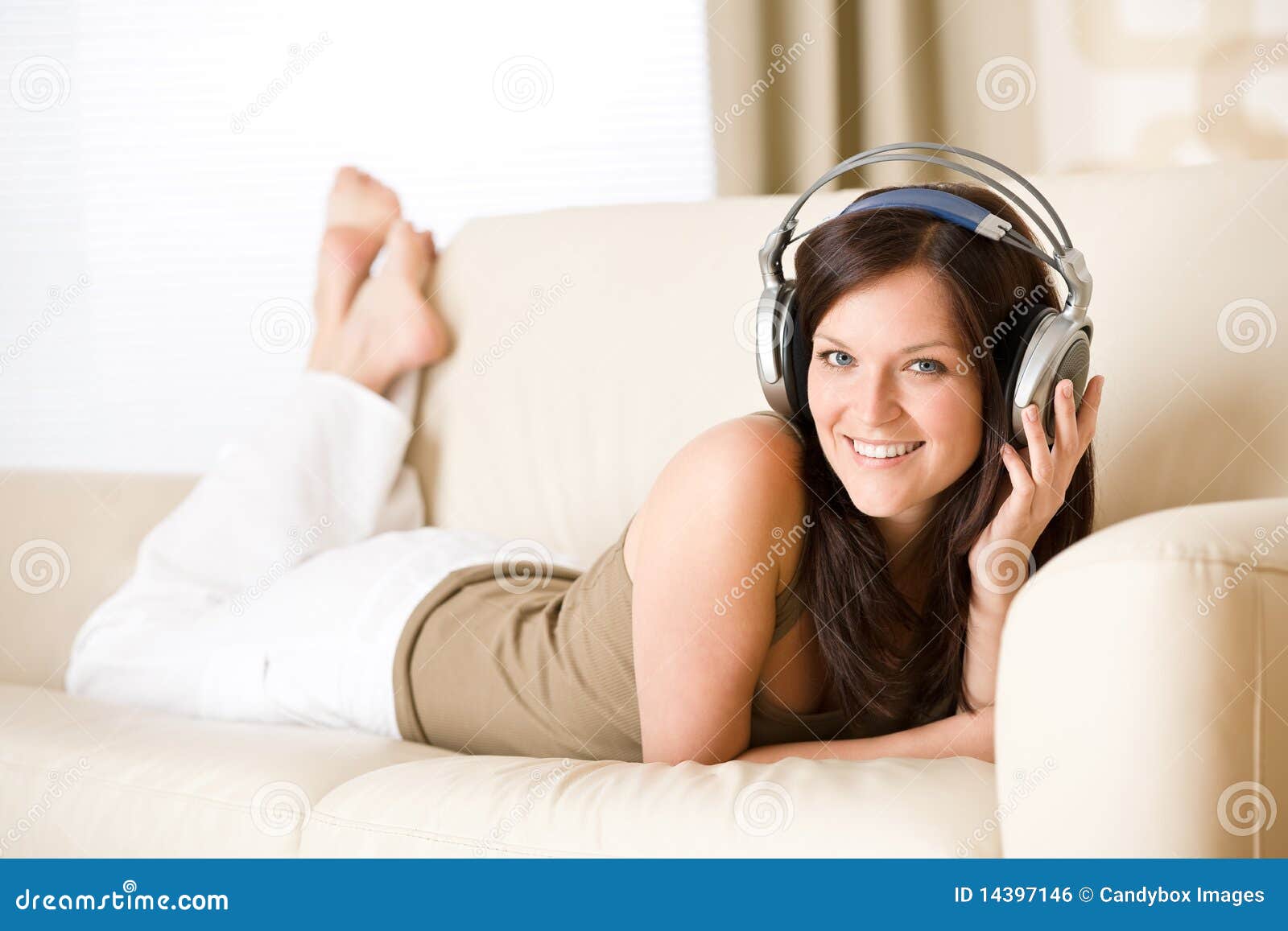 Happy Woman with Headphones Lying Down Stock Photo Image of music