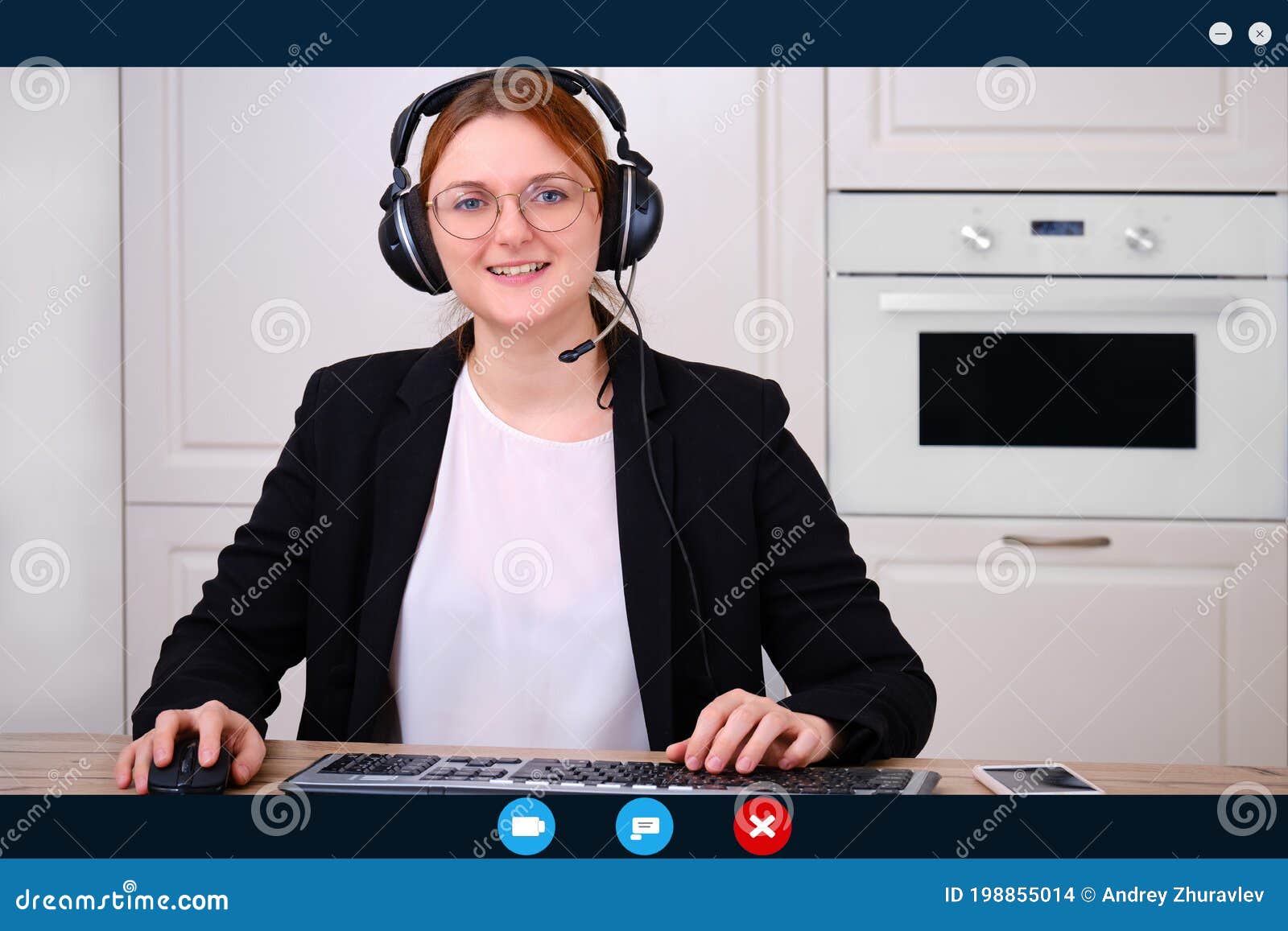 Happy Woman with Headphones at Remote Work Via the the