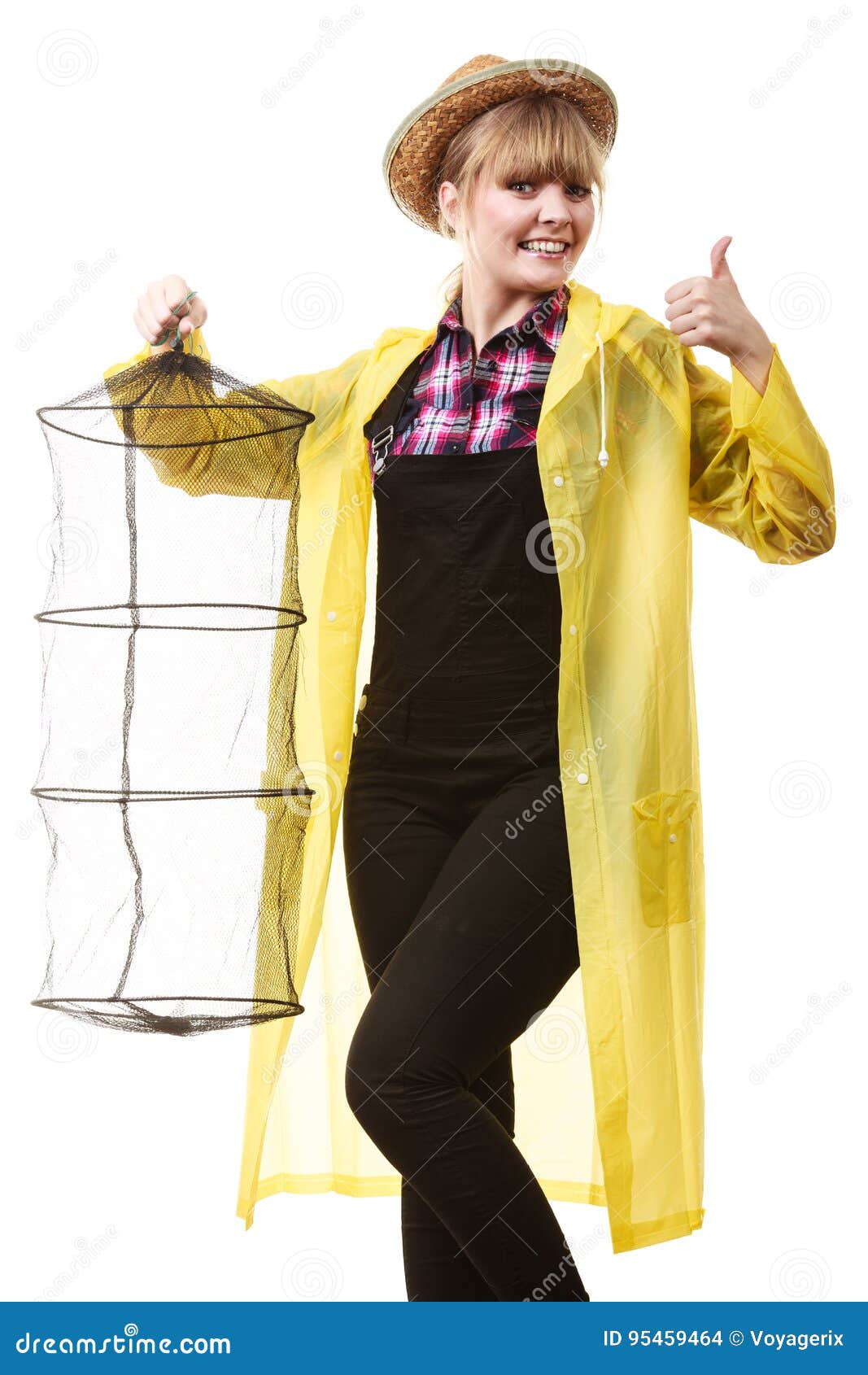 Happy Woman Holding Empty Fishing Keepnet Stock Photo - Image of