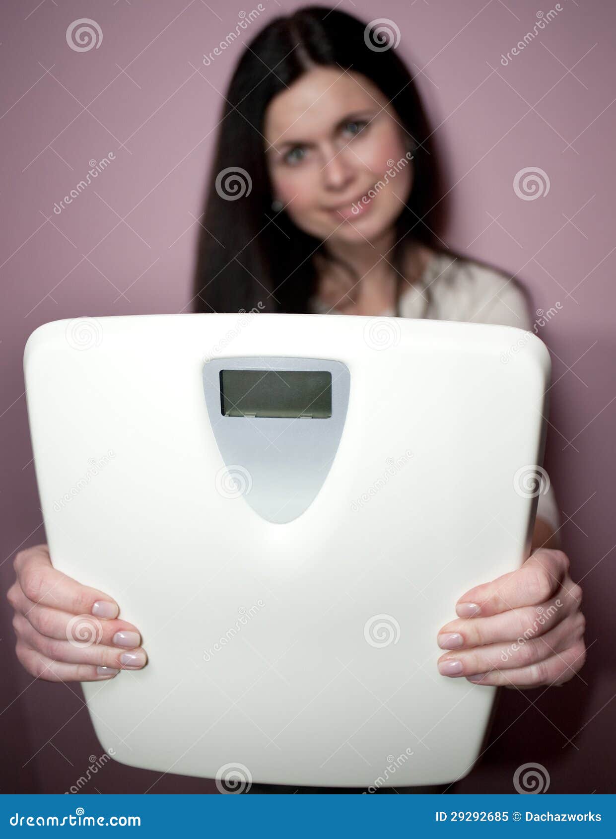 Happy woman holding scale stock image. Image of loss 29292685