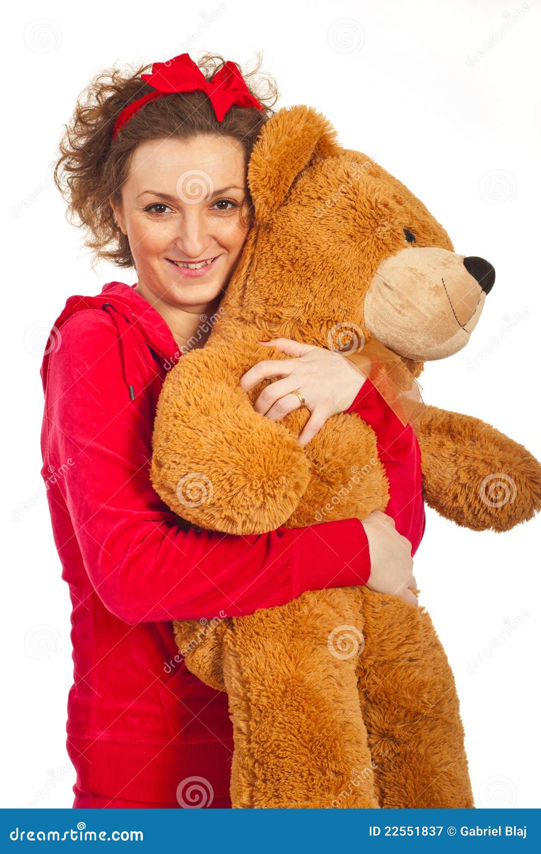 Happy Woman Hugging Big Teddy Bear Stock Image Image of shot, closeup