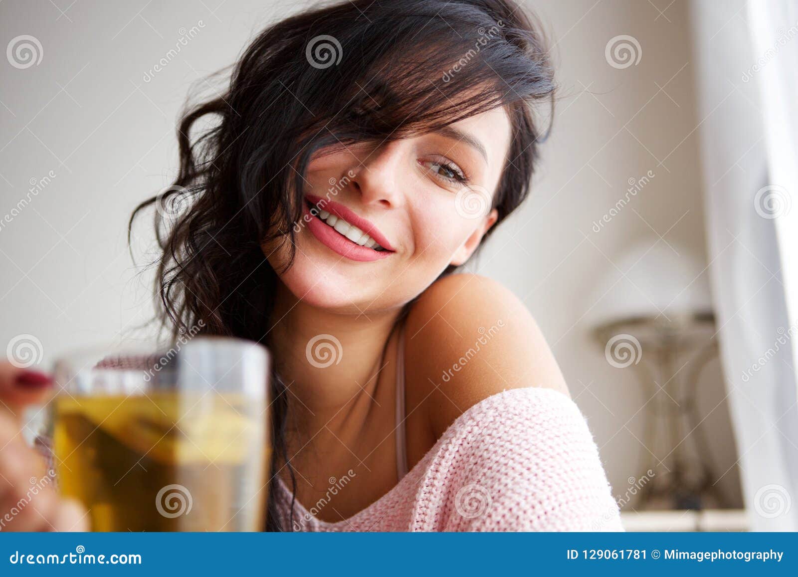 Happy Woman Inside Cozy Apartment with Hot Drink Stock Image - Image of