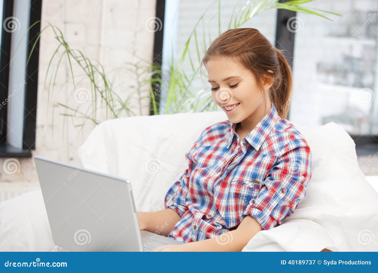 Happy Woman with Laptop Computer Stock Image - Image of lovely, female ...