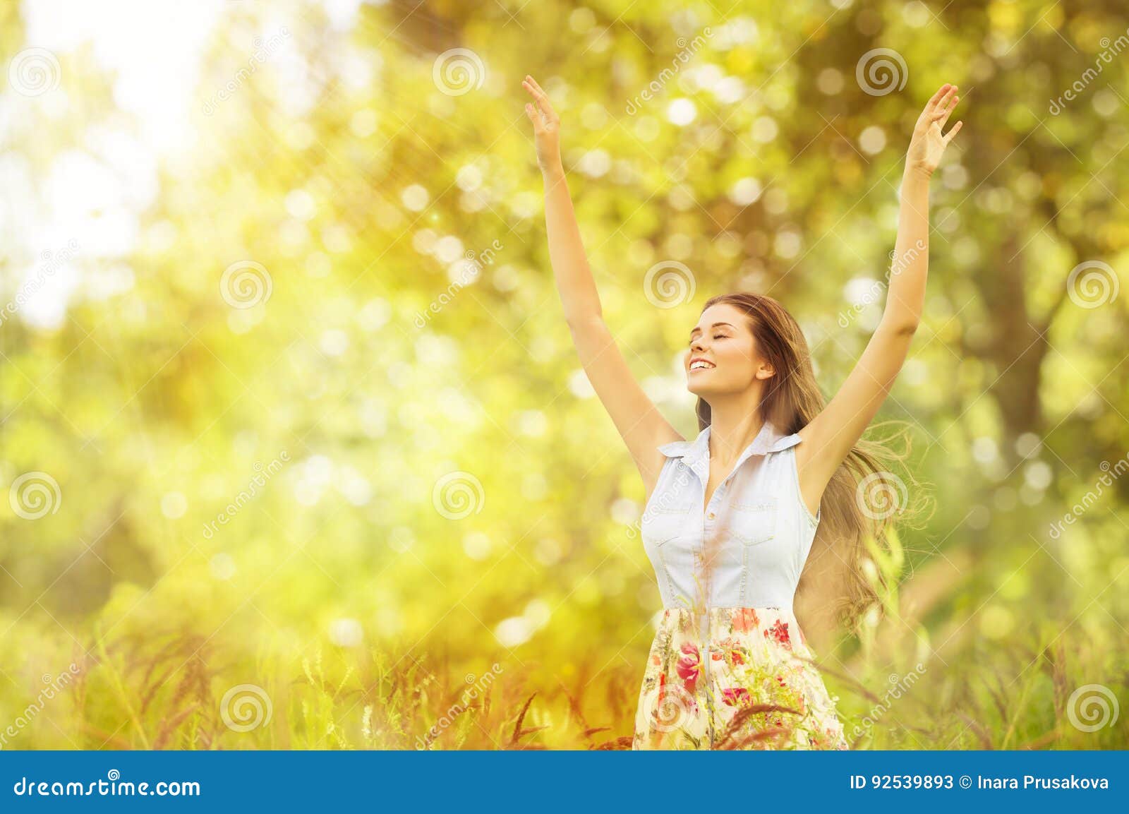 happy woman life style, smiling girl raised open arms, outdoor