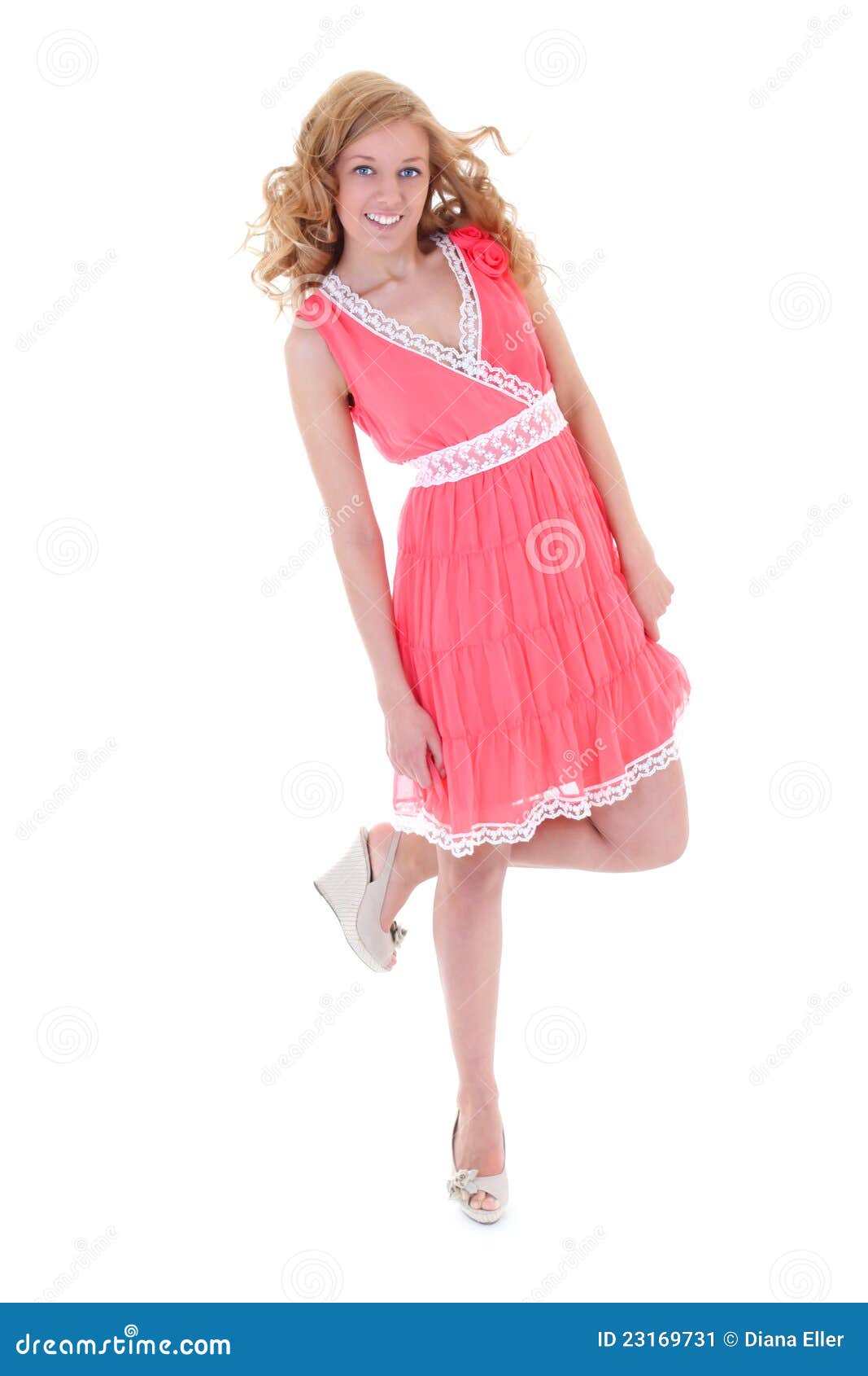 Happy woman in pink dress stock image. Image of curly - 23169731