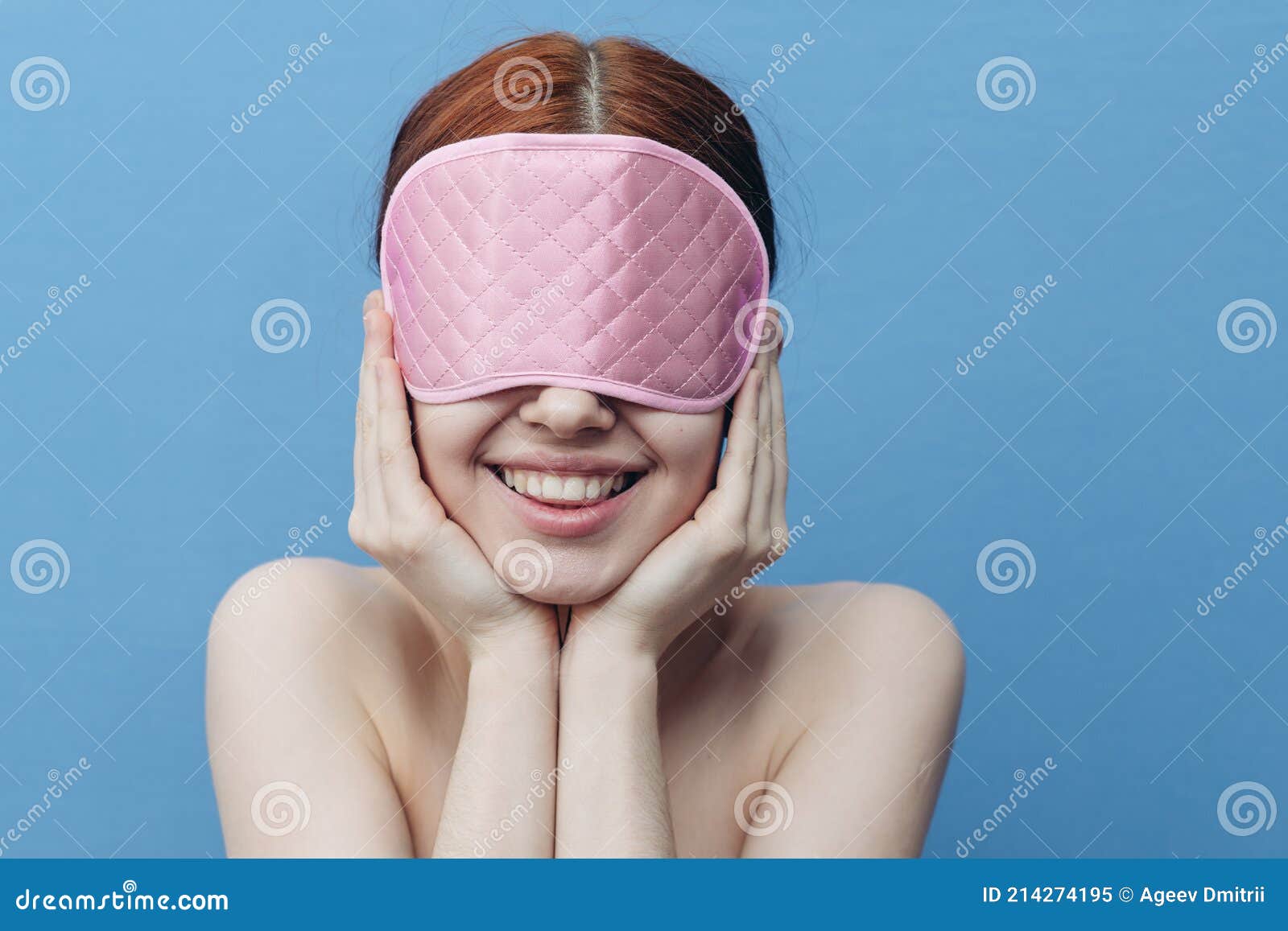 Happy Woman With Pink Sleep Mask On Her Face On Blue Background Stock Image Image Of Night