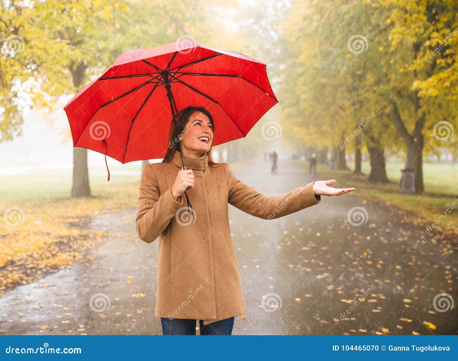 Happy Woman with Red Umbrella Walking at the Rain in Beautiful ...