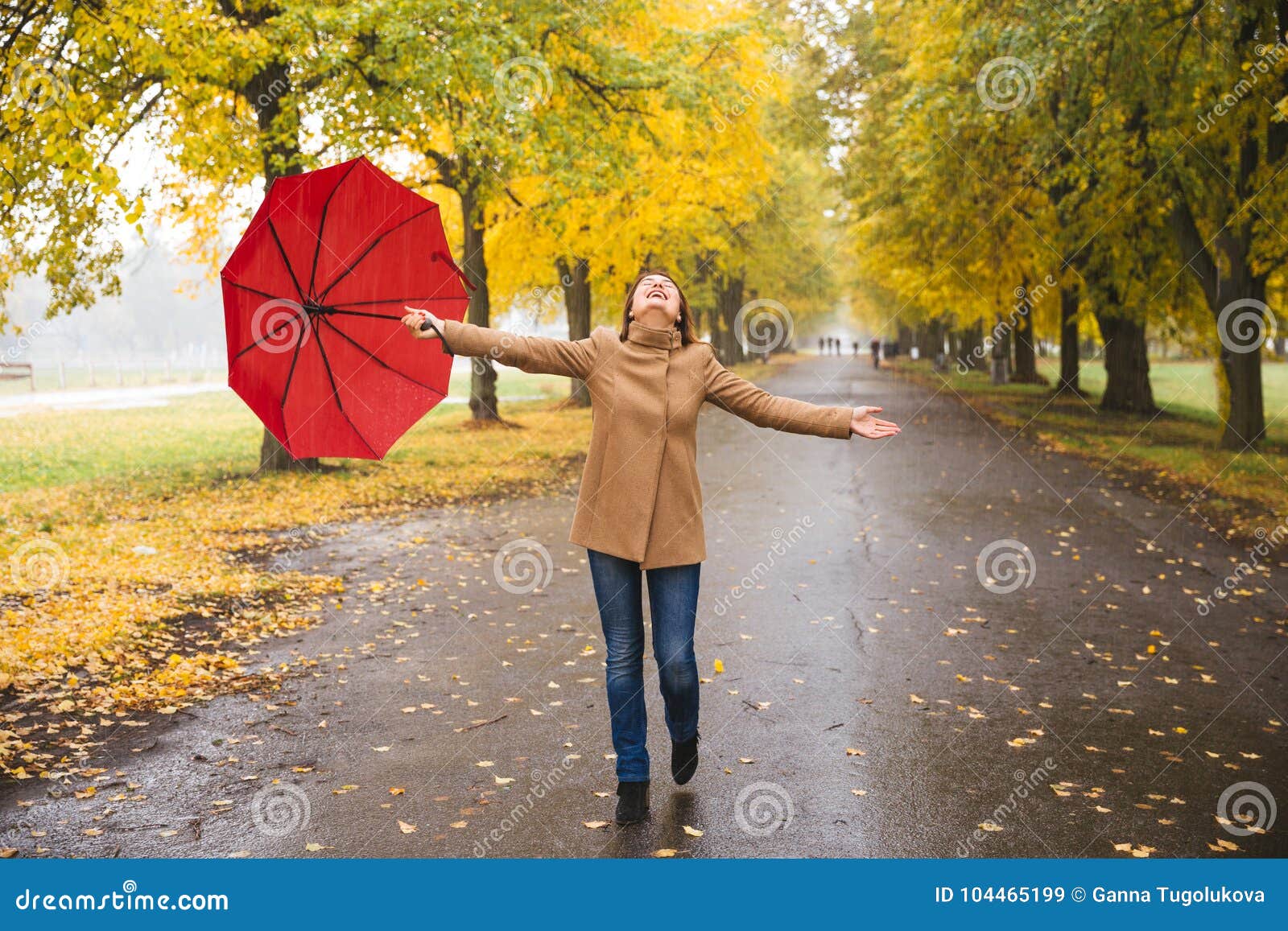 Happy Woman with Red Umbrella Walking at the Rain in Beautiful ...
