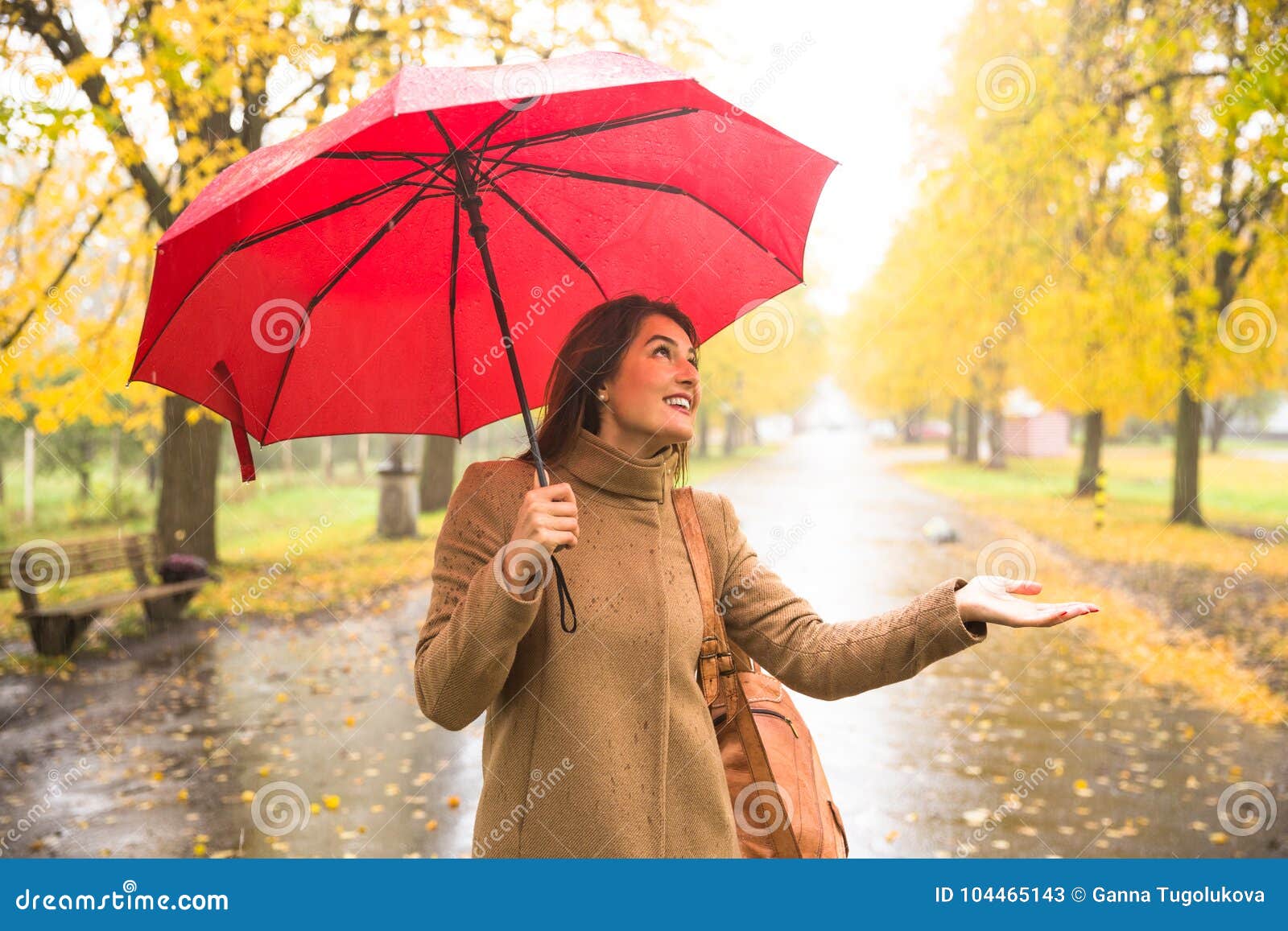 Happy Woman with Red Umbrella Walking at the Rain in Beautiful ...