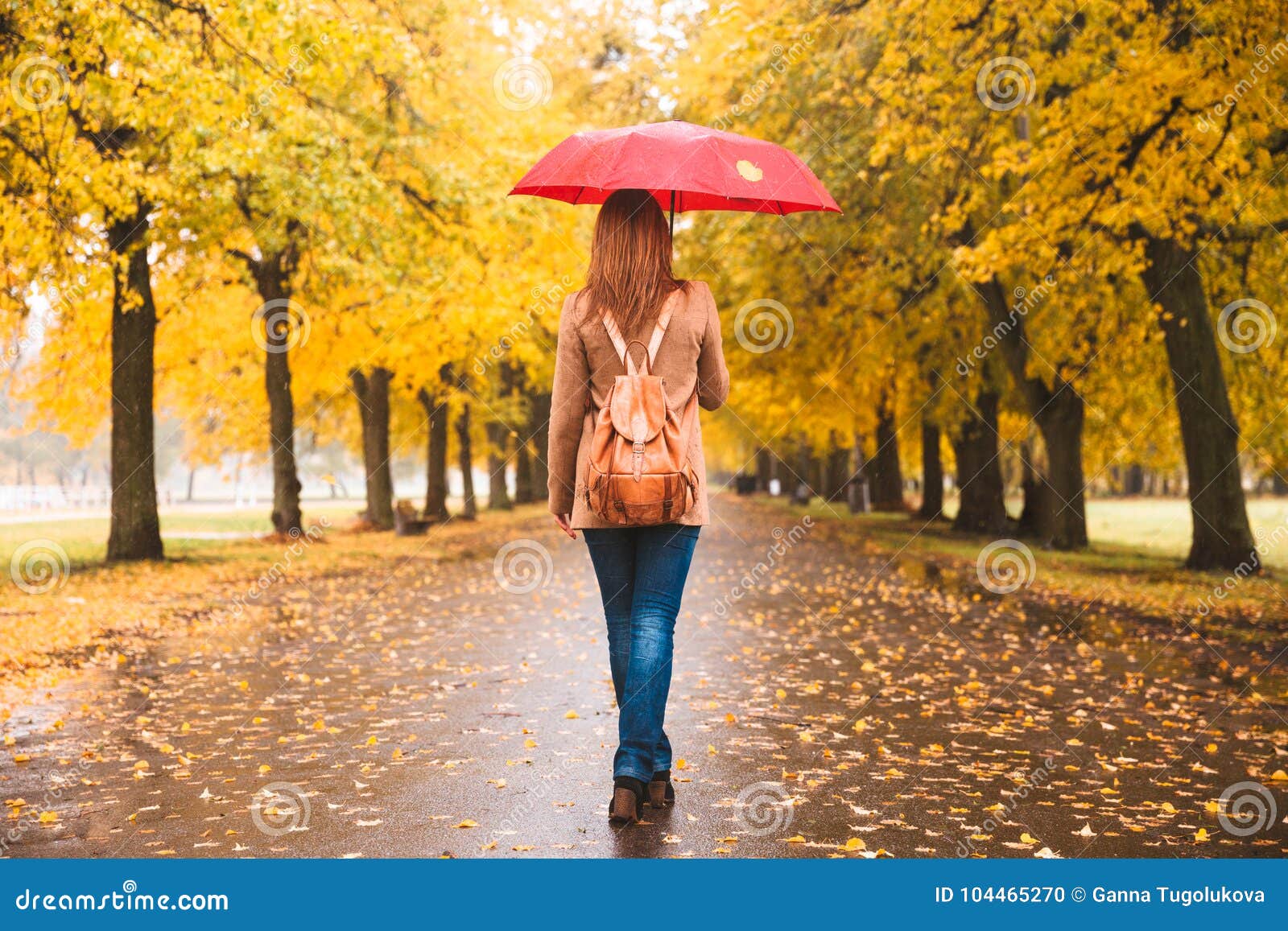 Happy Woman with Red Umbrella Walking at the Rain in Beautiful ...