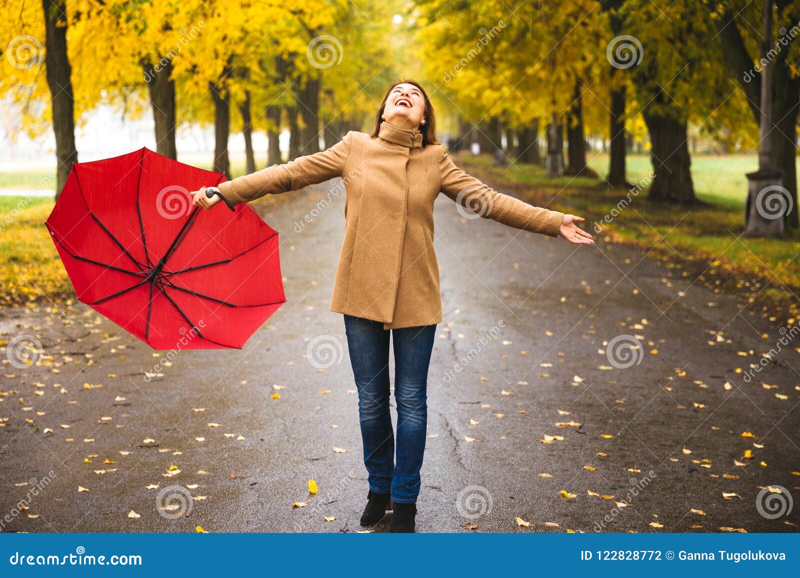 Happy Woman with Red Umbrella Walking at the Rain in Beautiful ...