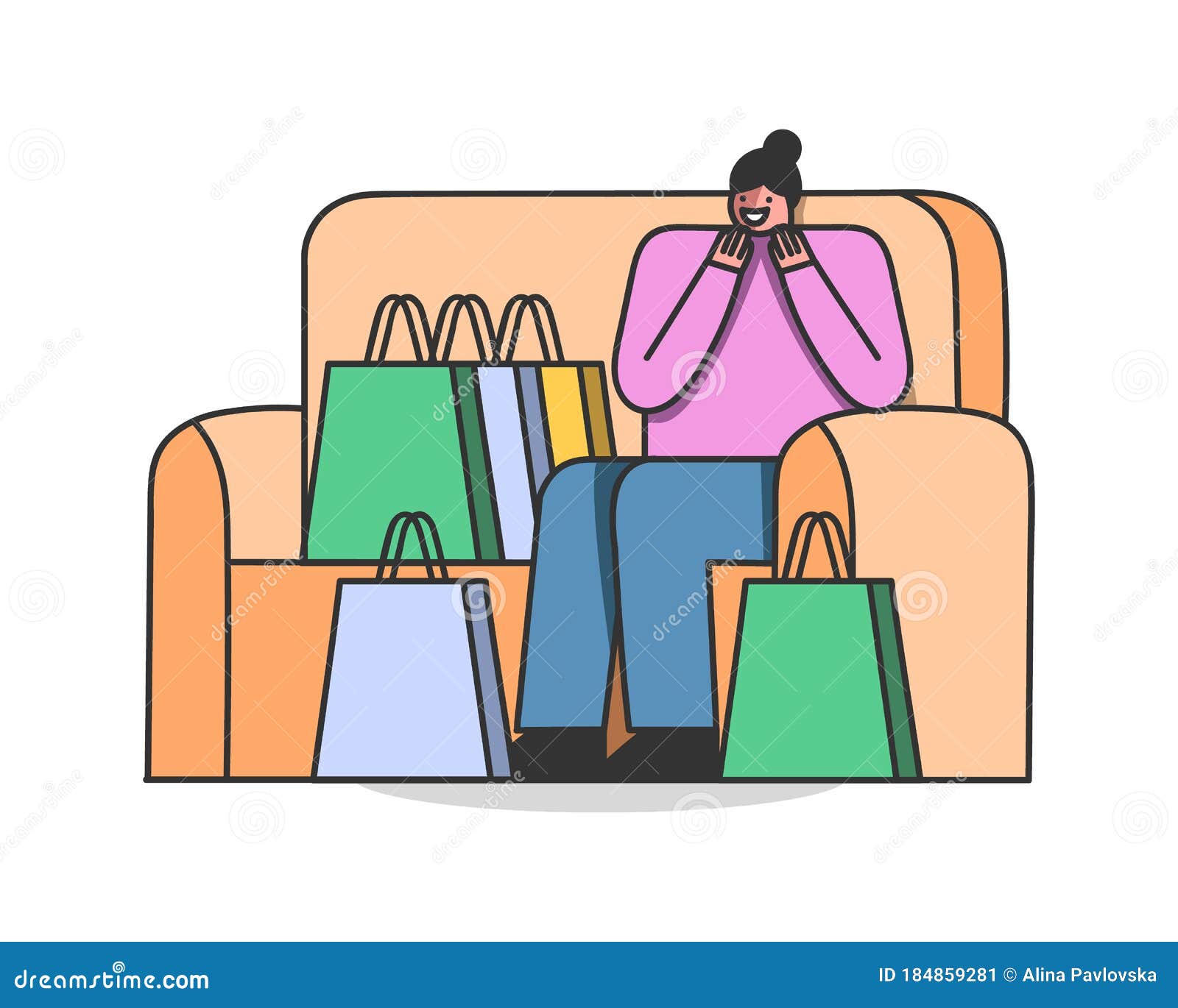 Happy Woman with Shopping Bags Sitting on Coach. Online Shopping and Delivery Concept Stock Vector - Illustration of fashion, home: 184859281 Happy Woman with Shopping Bags Sitting on Coach. Online Shopping and Delivery Concept Stock Vector - Illustration of fashion, home: 184859281