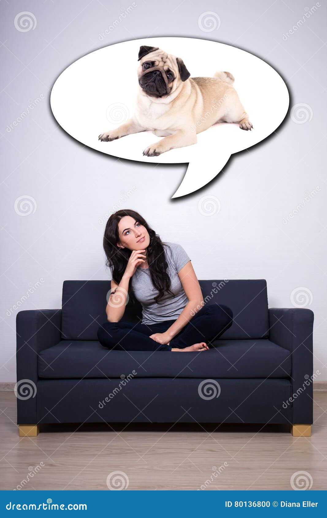Happy Woman Sitting On Sofa And Thinking Or Dreaming About Dog Stock Photo Image Of Comfort Positive 80136800