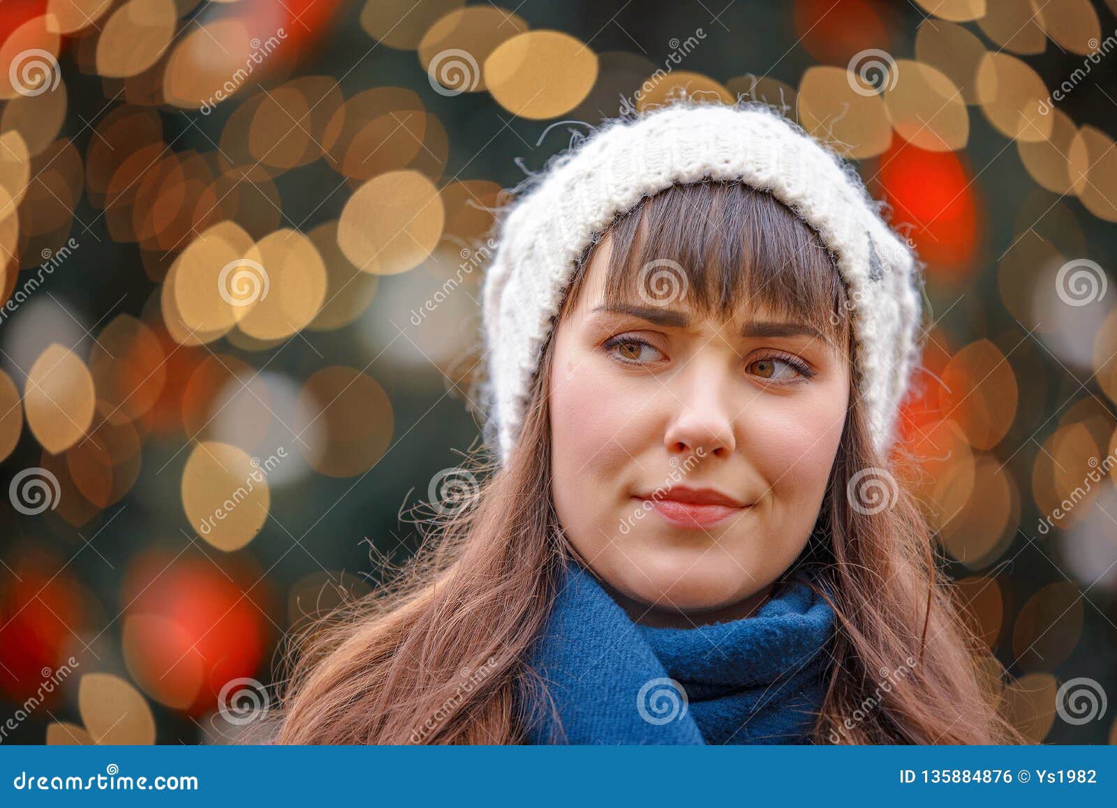 Happy Woman Smiling and Christmas Tree Behind Stock Photo - Image of ...