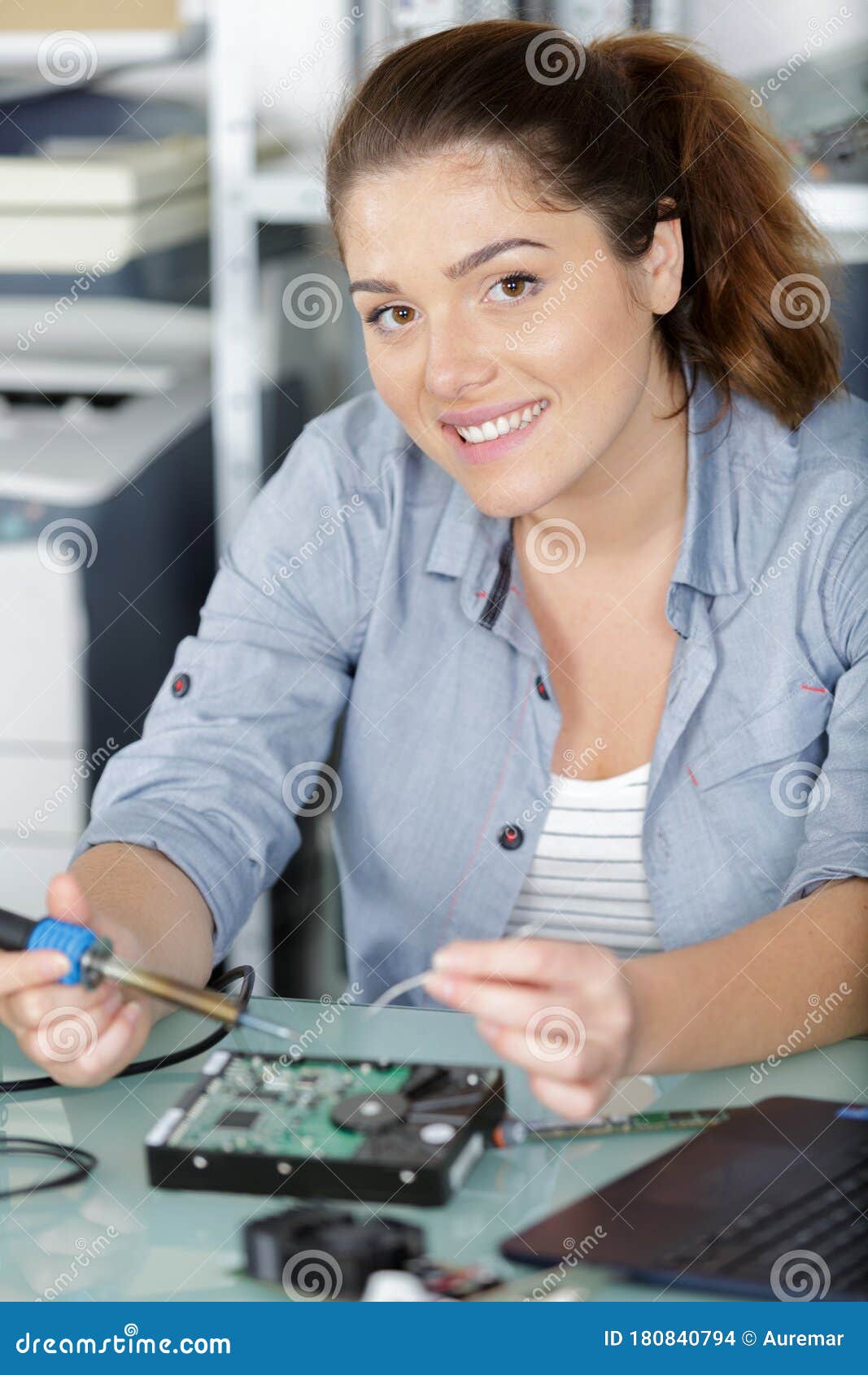 Happy Woman Soldering Hard Drive Stock Photo Image of soldering
