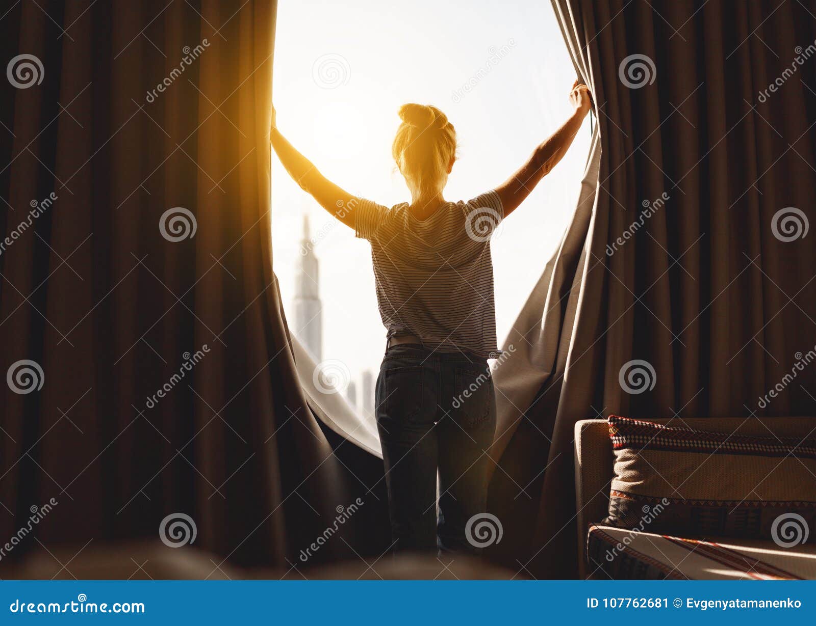 Happy Woman Stretches And Opens Curtains At Window In Morning Stock ... Open Window At Morning