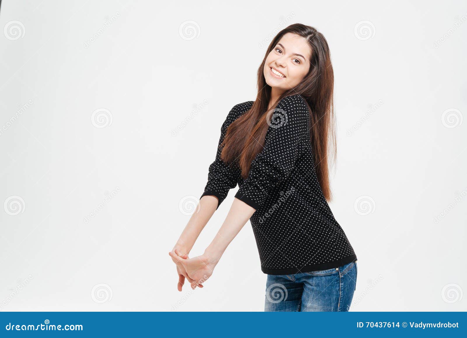 Happy Woman Stretching Hands Stock Photo - Image of casual, copyspace ...