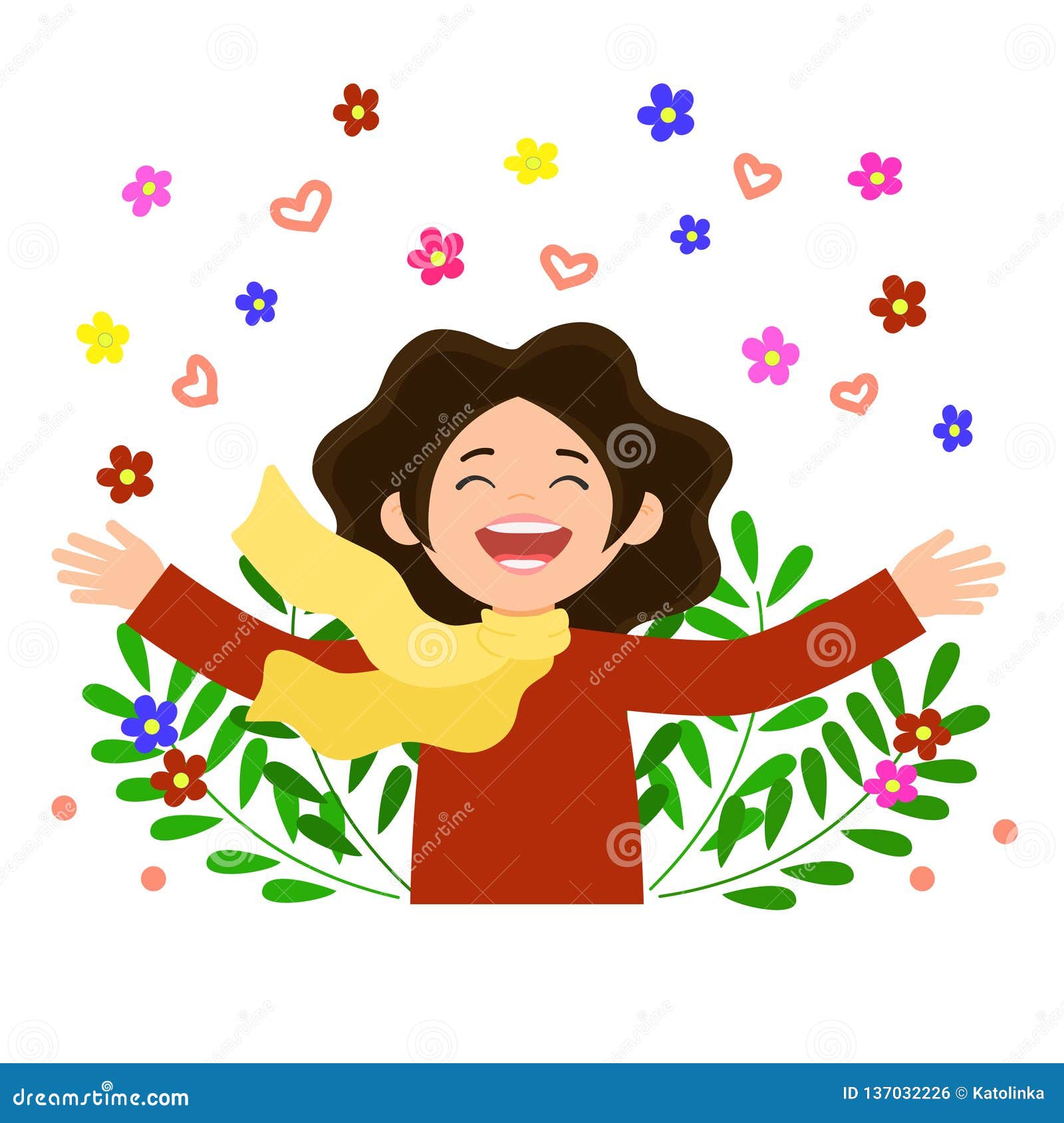 Happy Woman Surrounded By Flowers And Hearts Joyful Girl Widely Spread Her Hands To The Side And Smiling With Happiness Stock Illustration Illustration Of Flowers Rejoice