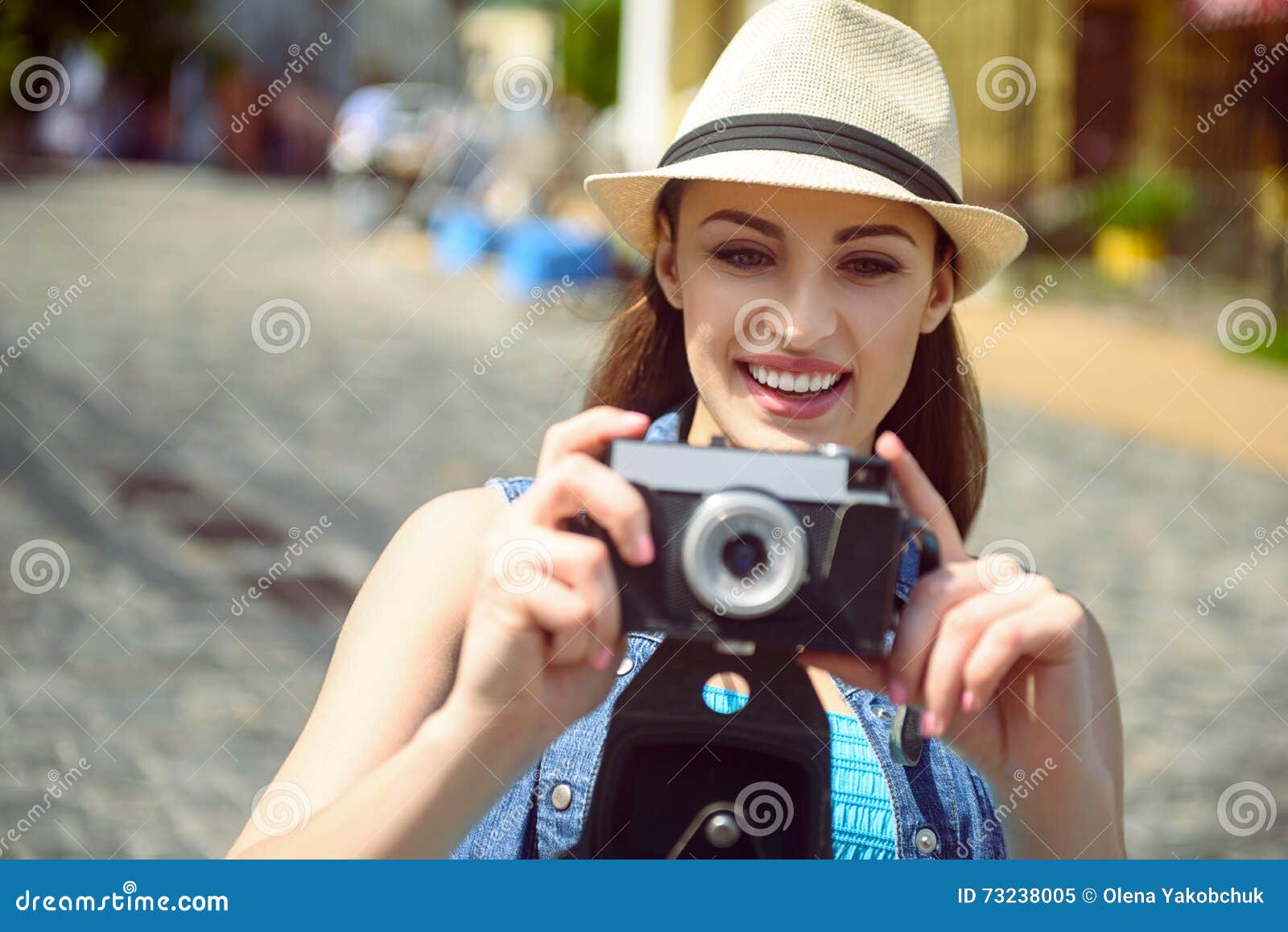 Happy Woman Taking Photos of Town Stock Image - Image of beautiful ...
