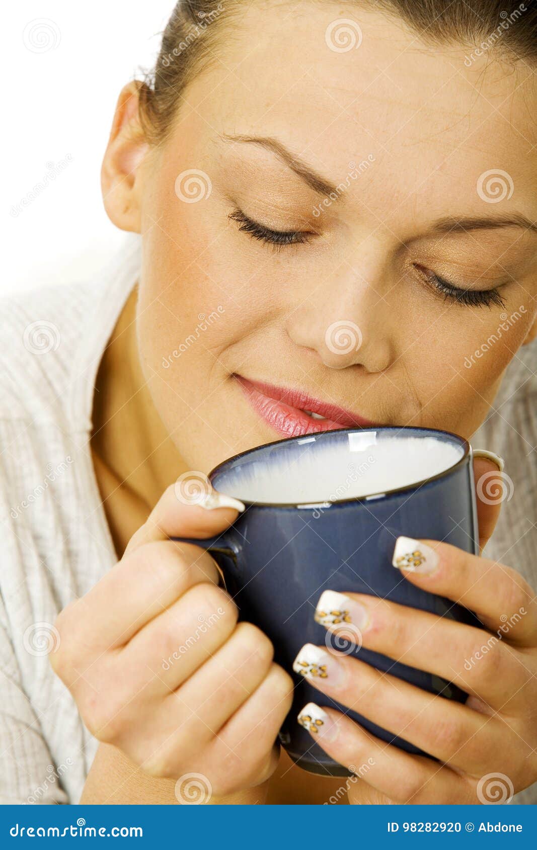 Happy Woman Thinking Holding a Cup of Tea Stock Photo - Image of beauty ...