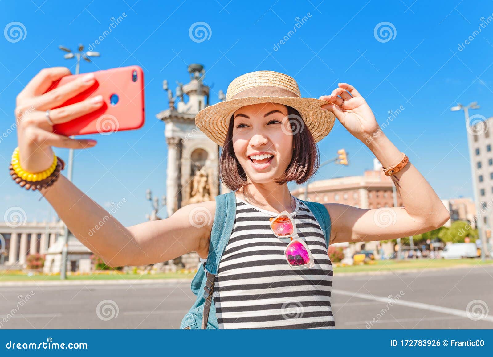 Woman Tourist Making Selfie Photo at the Spain Square in Barcelona City ...