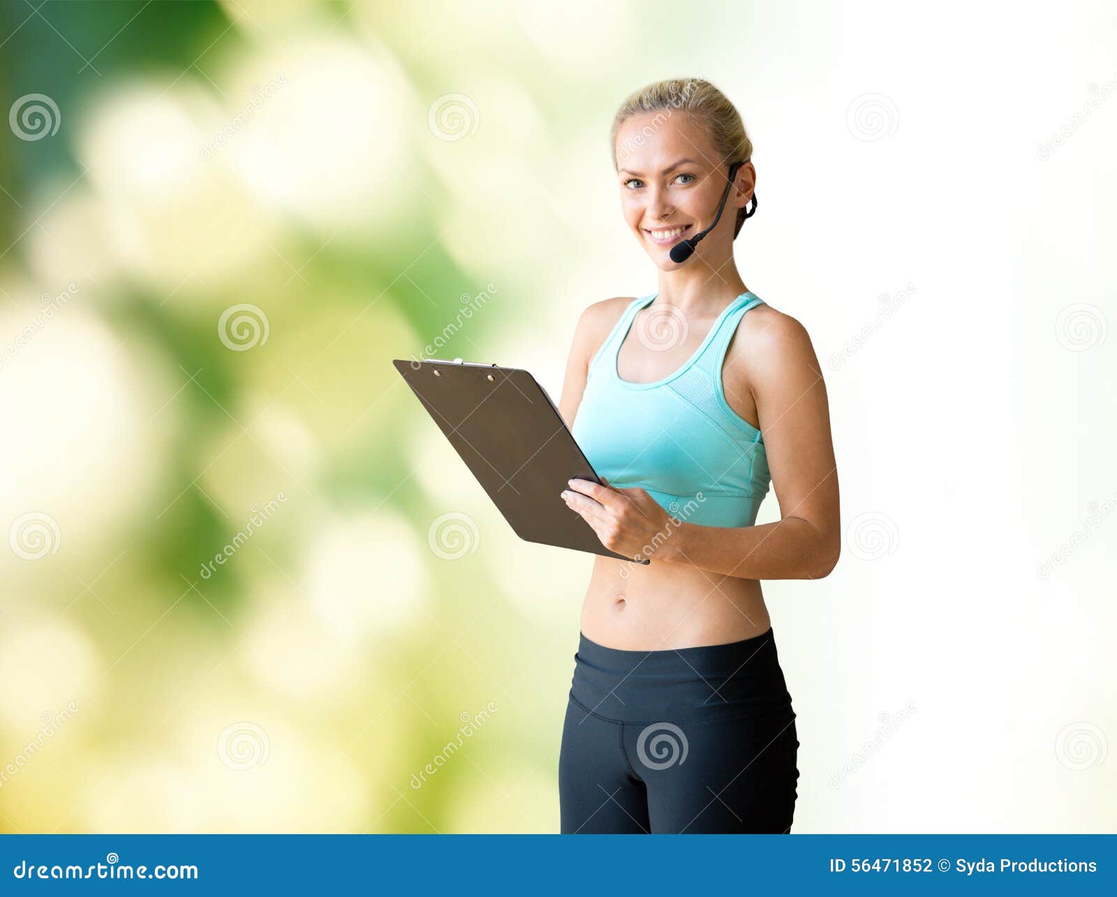 Happy Woman Trainer with Microphone and Clipboard Stock Photo - Image ...