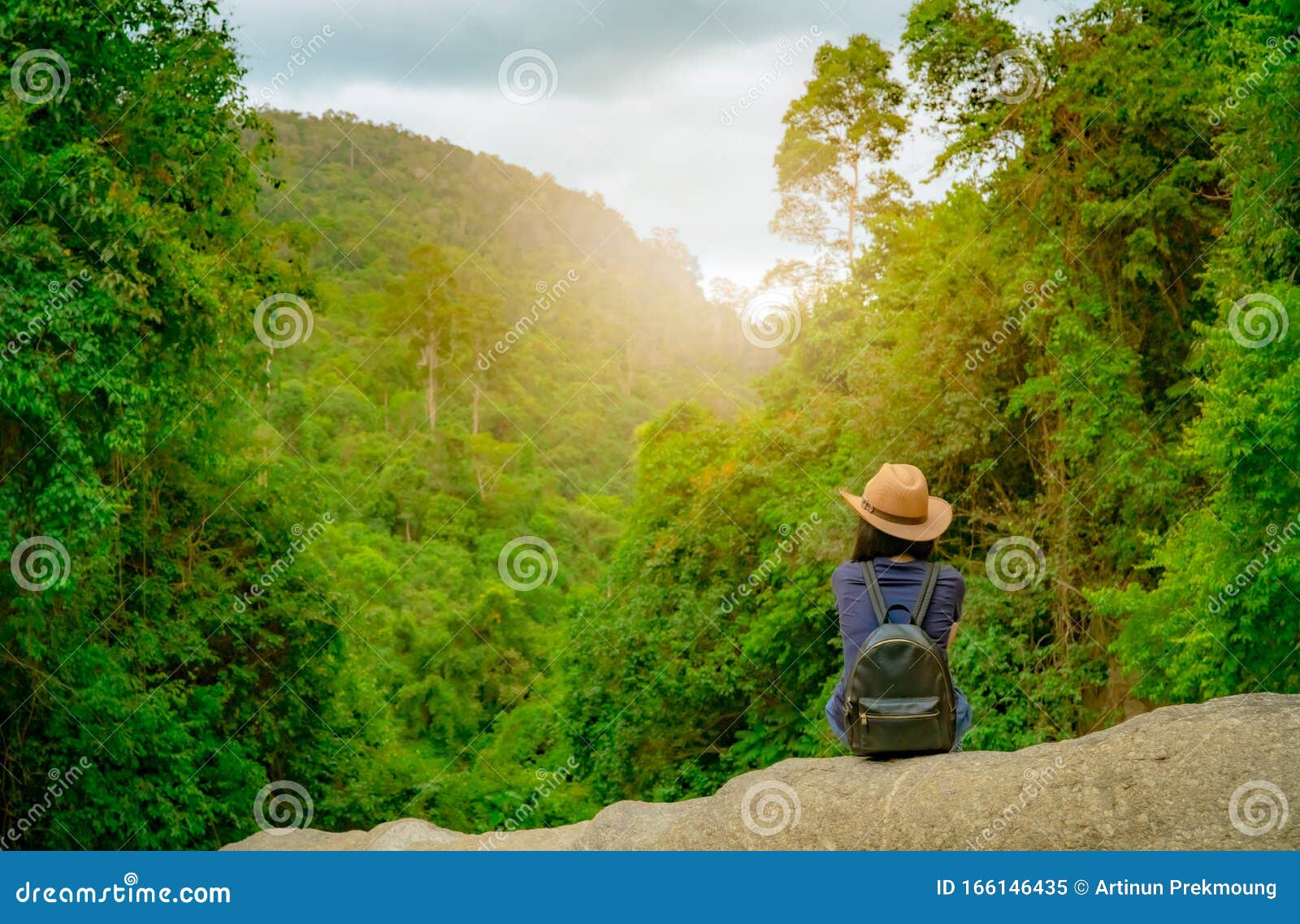 Happy Woman Travel Alone in Woods. Active Woman with Good Mood Sit on ...