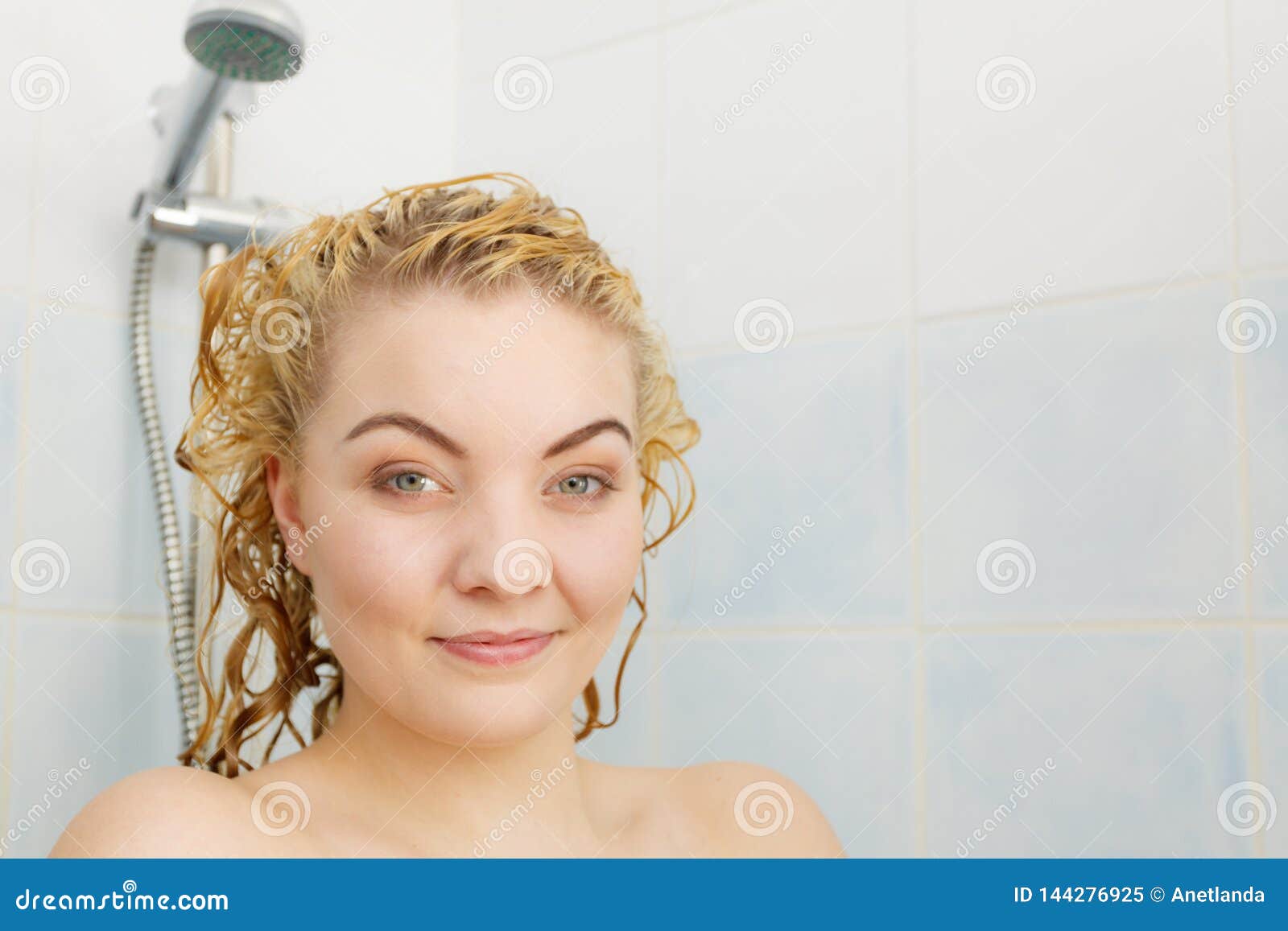 Woman Under Shower with Wet Blonde Hair Stock Image - Image of hair, happy:  144276925