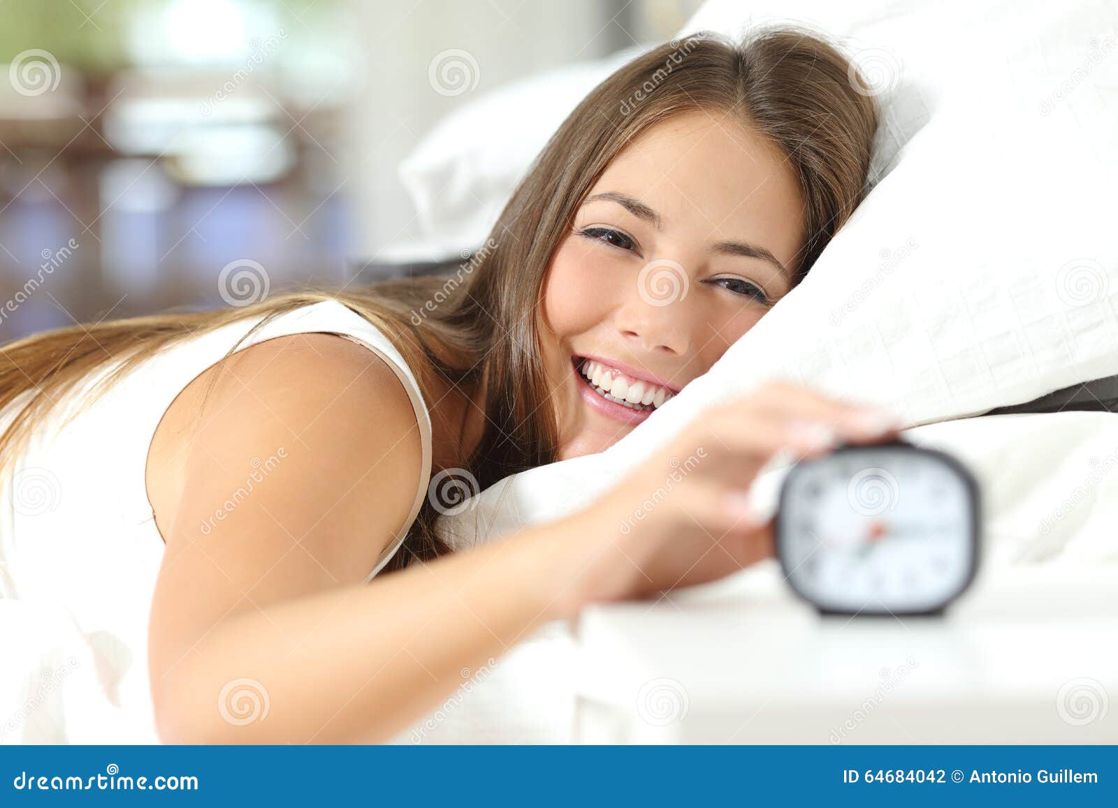 happy woman waking up having a good day