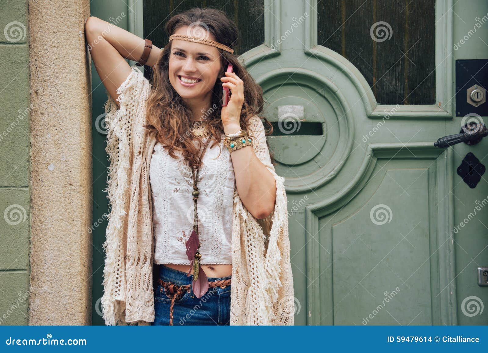 Happy Woman Wearing Bohemian Style Clothes Talking Cell Phone Stock ...