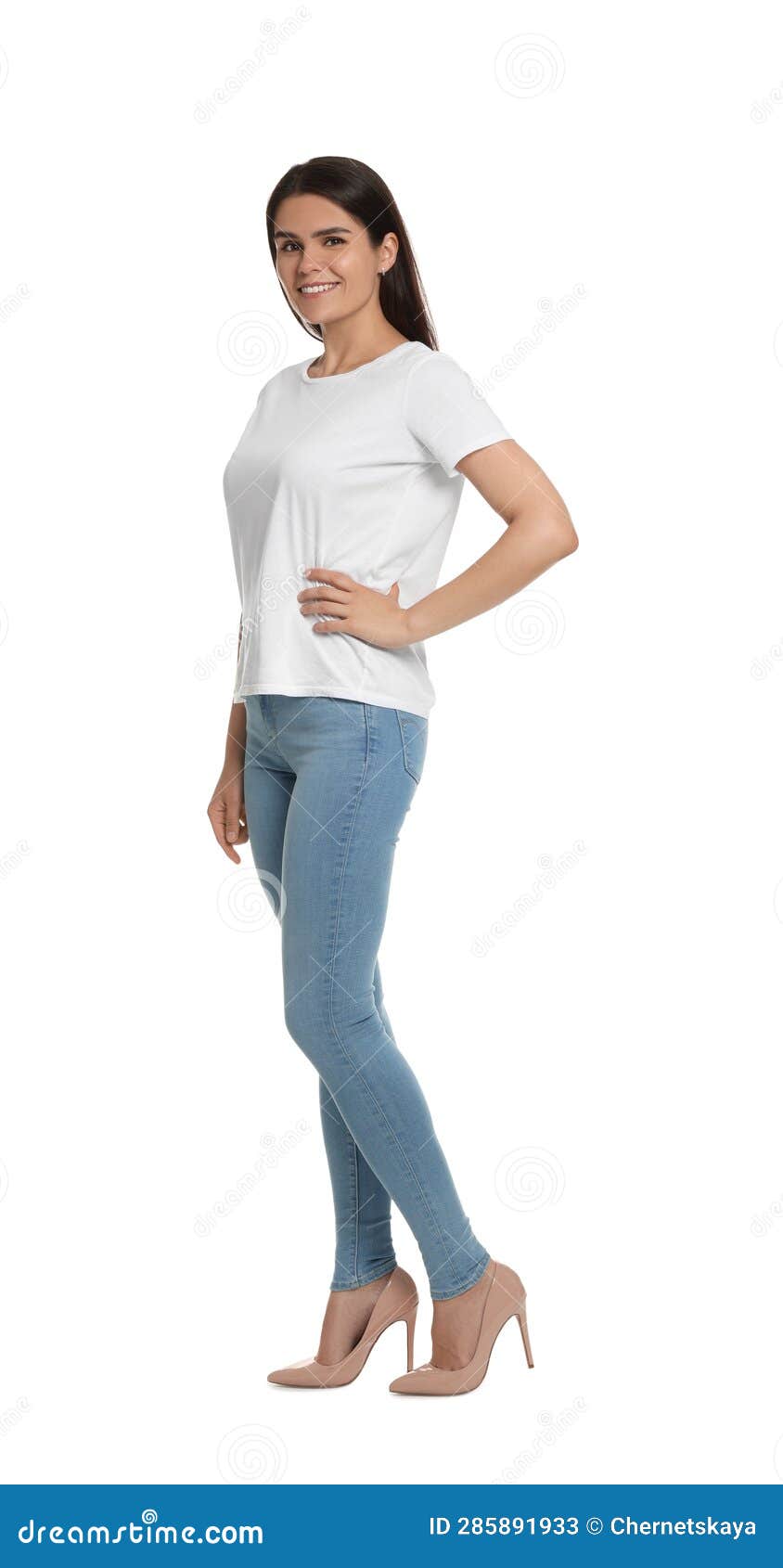 Happy Woman Wearing Stylish Light Blue Jeans and High Heels Shoes on ...