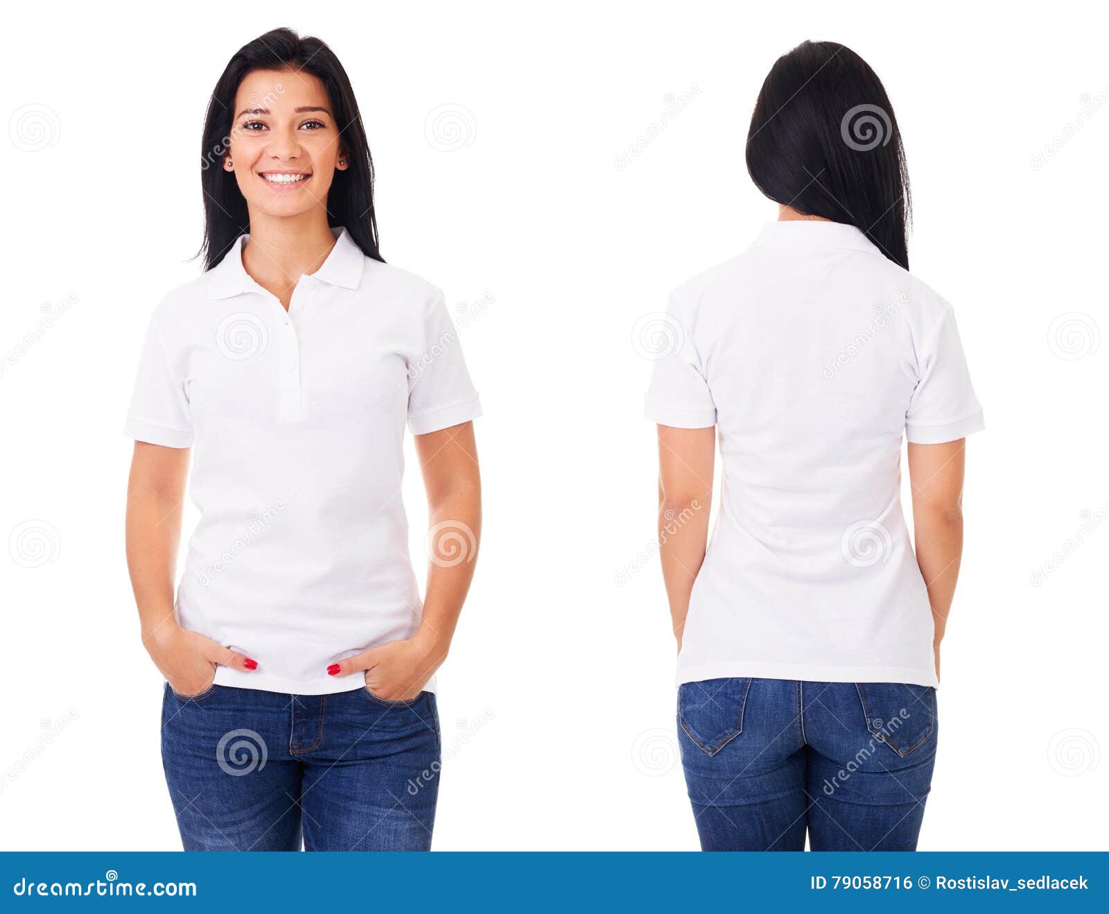 happy woman in white polo shirt