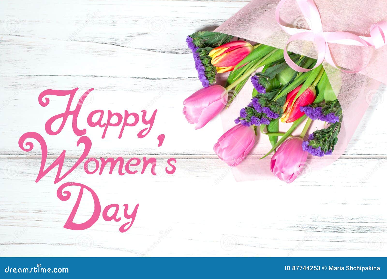 Happy Womens Day with Bouquet of Tulips in Background Stock Image ...