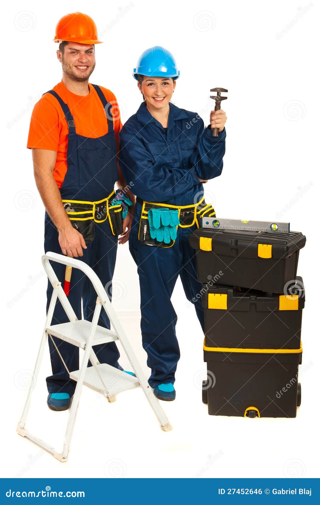 Happy workers team with tools boxes isolated on white background