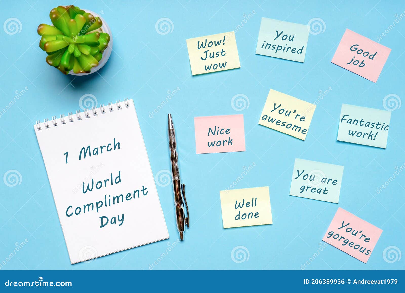 happy world compliment day. office desk with plant, notebook, pen and paper slips with compliments text for office worker such as