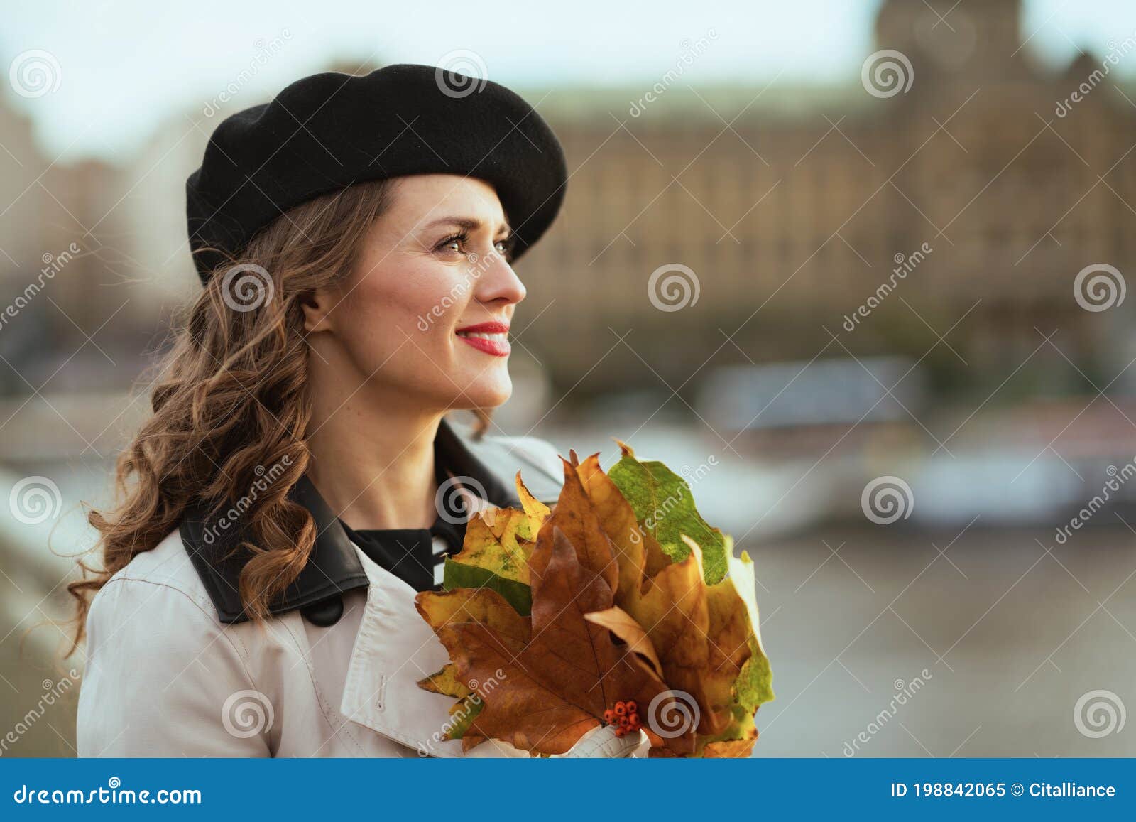 Happy 40 Years Old Woman in Beige Trench Coat and Beret Stock Image ...