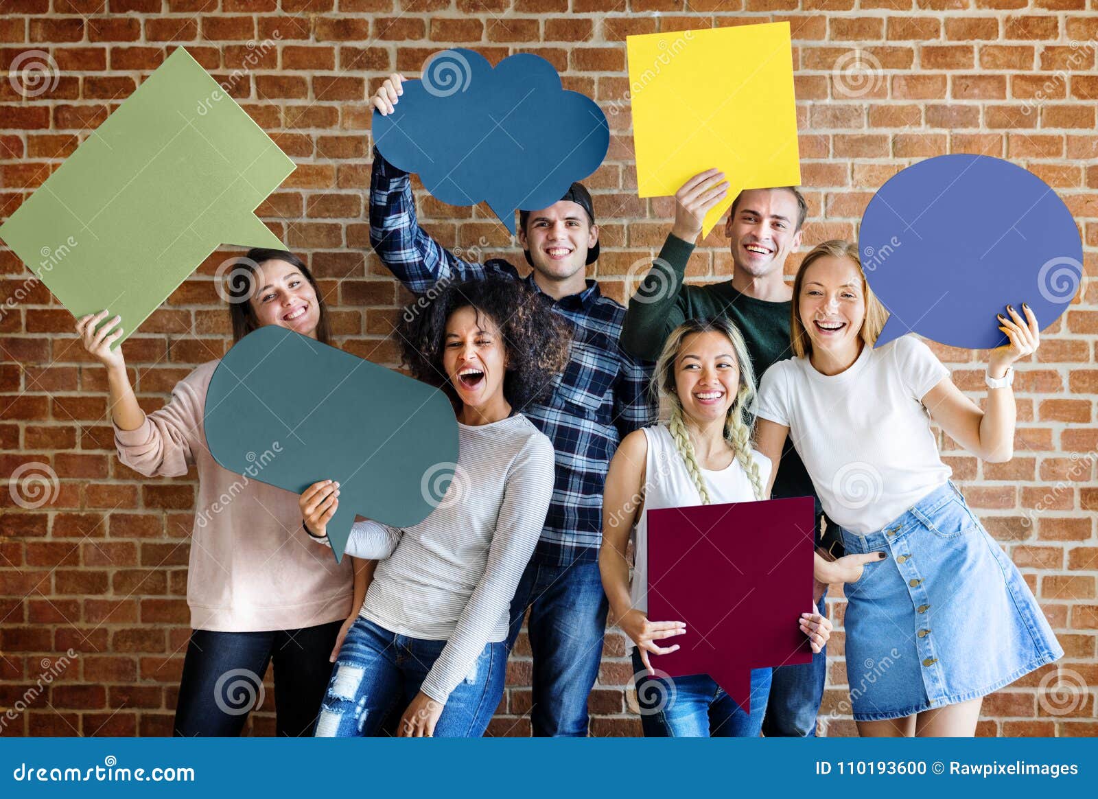 happy young adults holding empty placard thought bubbles copyspa