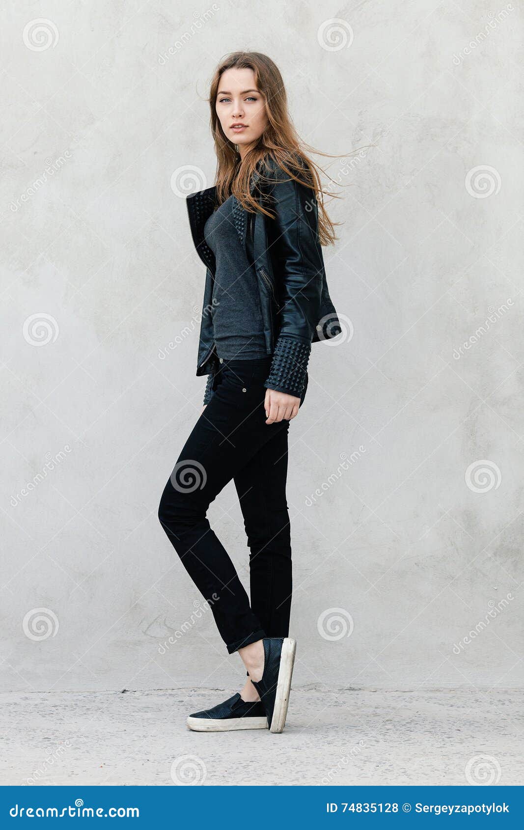 Happy Young Beautiful Woman in Black Leather Jacket Black Jeans Slip-on ...