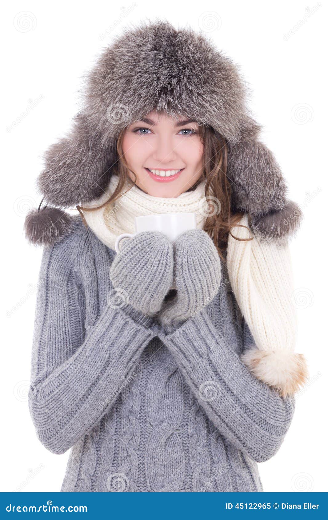 Happy Young Beautiful Woman in Winter Clothes with Cup of Tea is Stock ...