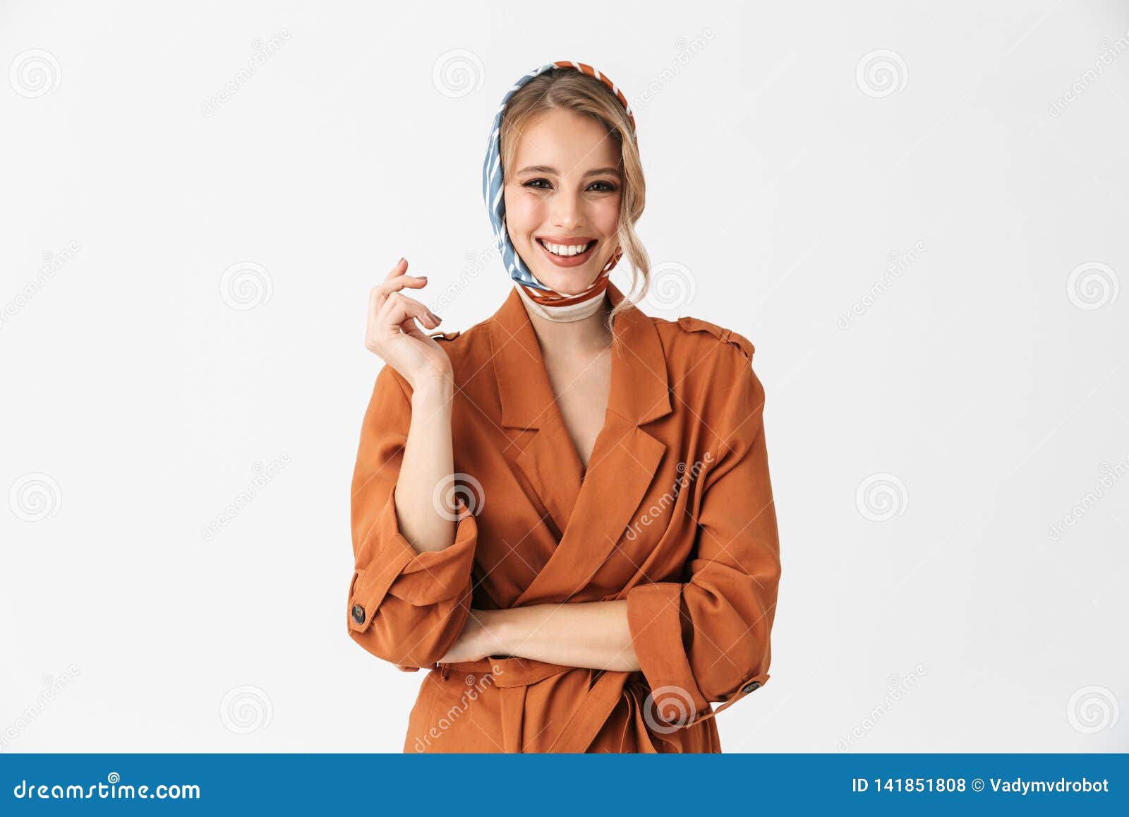 Beautiful Happy Young Woman Wearing Silk Scarf Isolated 