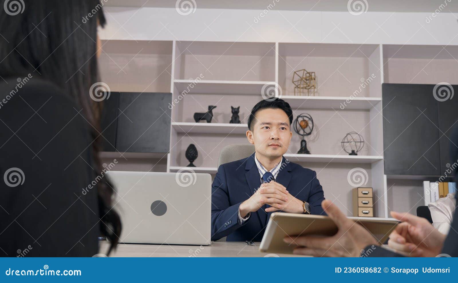 Happy young businessman and businesswoman report explaining project job offer presentation to manager