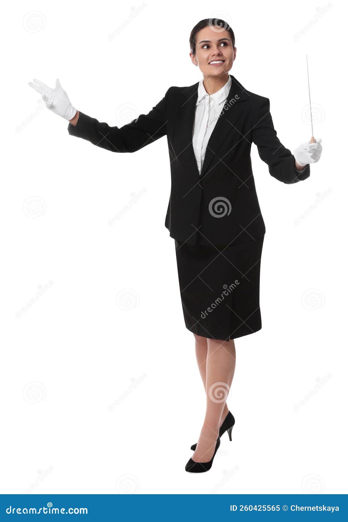 Happy Young Conductor with Baton on White Background Stock Image