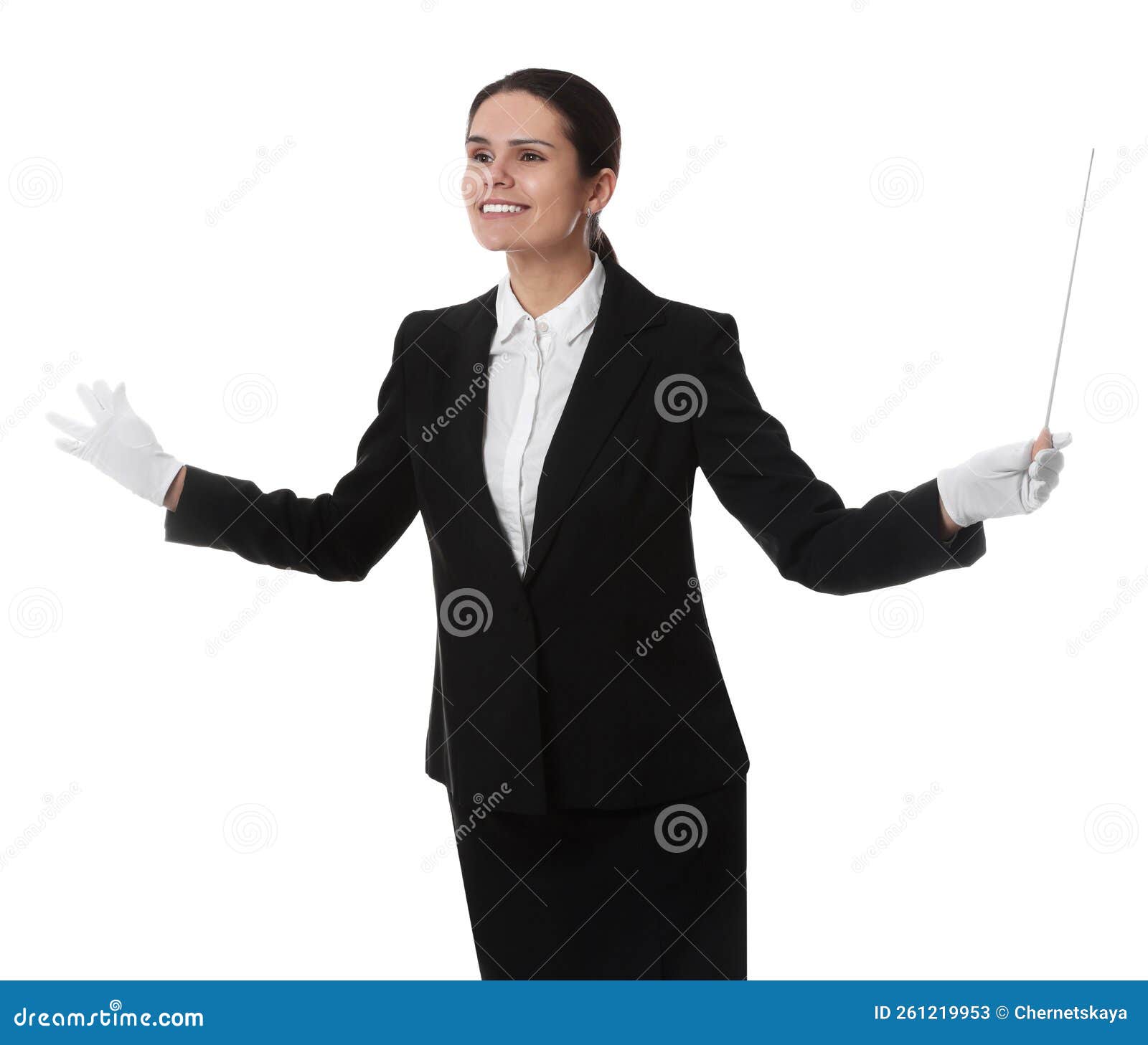 Happy Young Conductor with Baton on White Background Stock Image