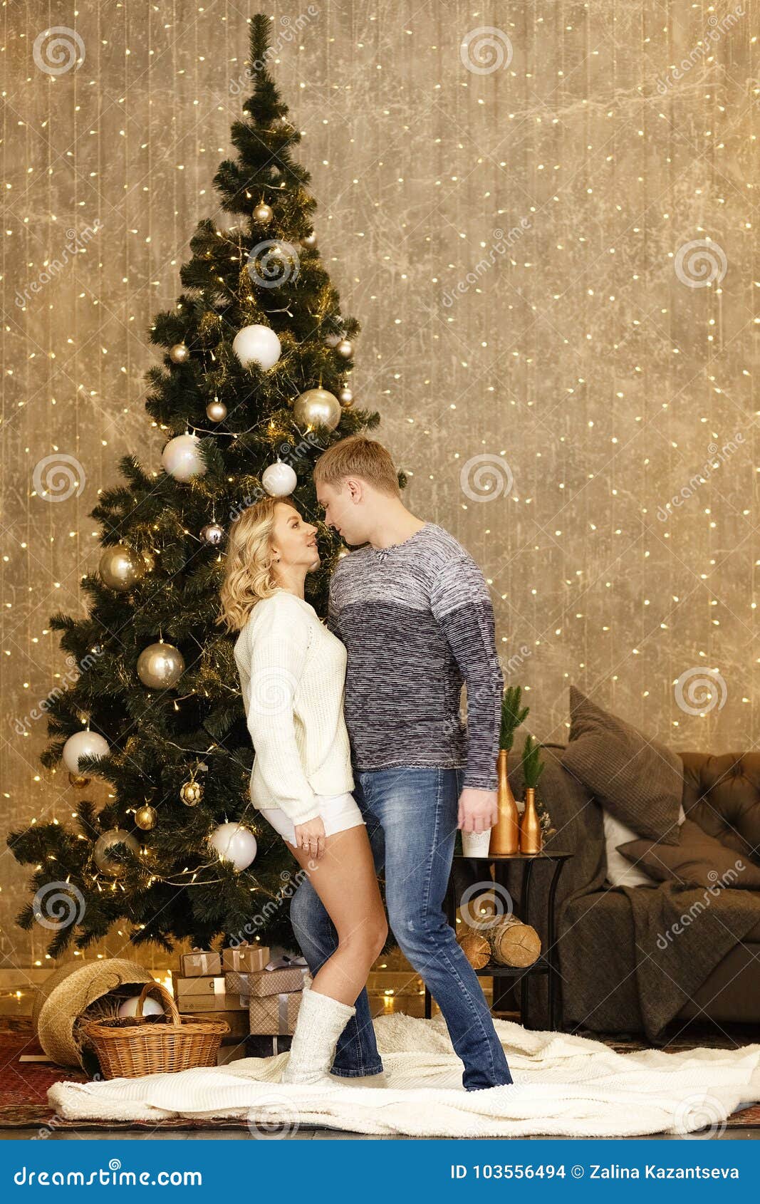 Happy Young Couple Dancing by the Christmas Tree Stock Photo Image of