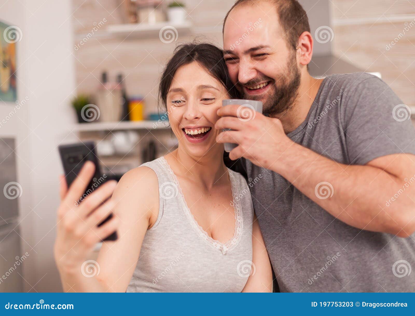 Happy Young Couple Taking Selfies Stock Im image