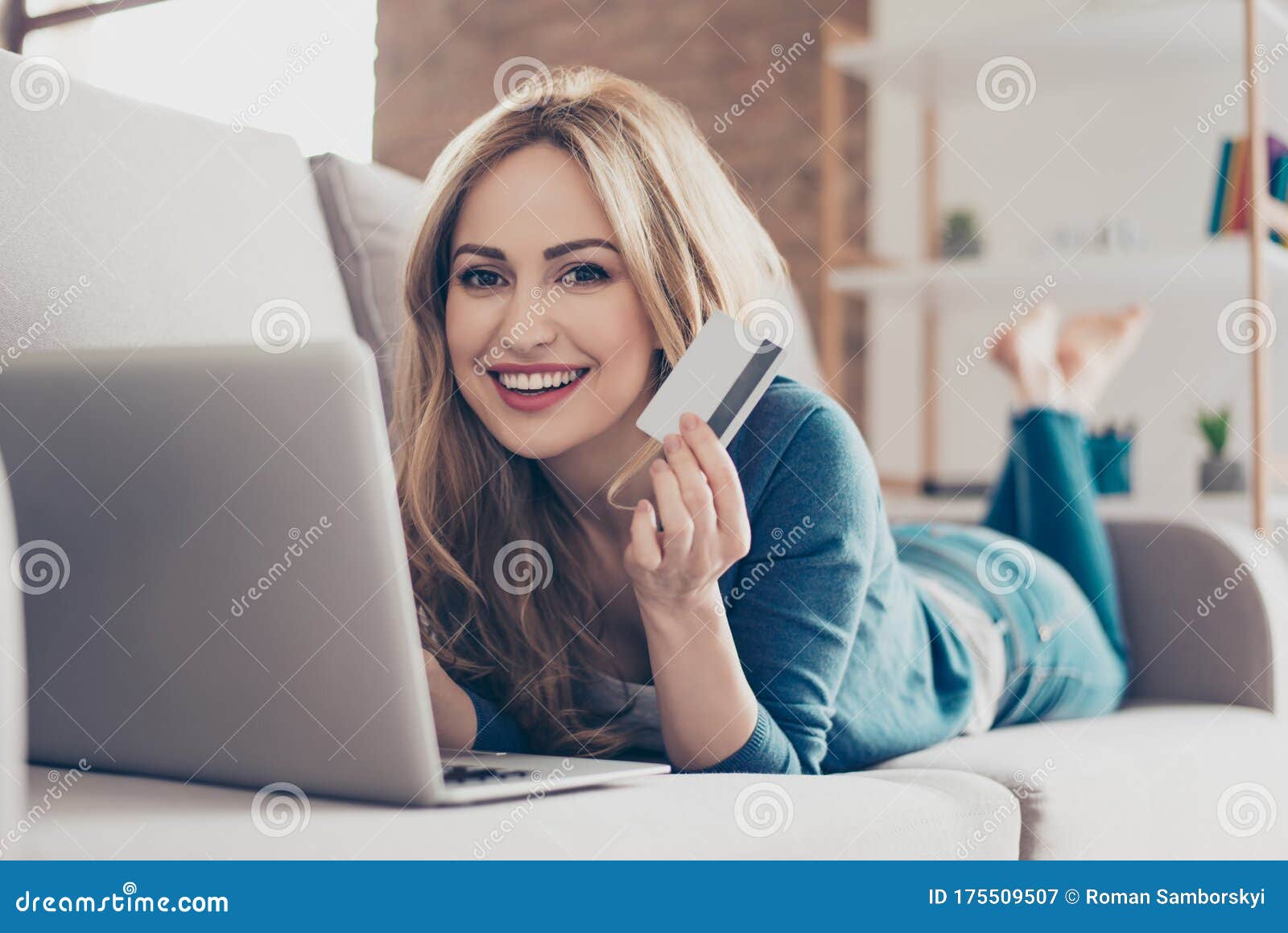 Happy Young Cute Pretty Woman Showing Credit Card and Doing Internet ...